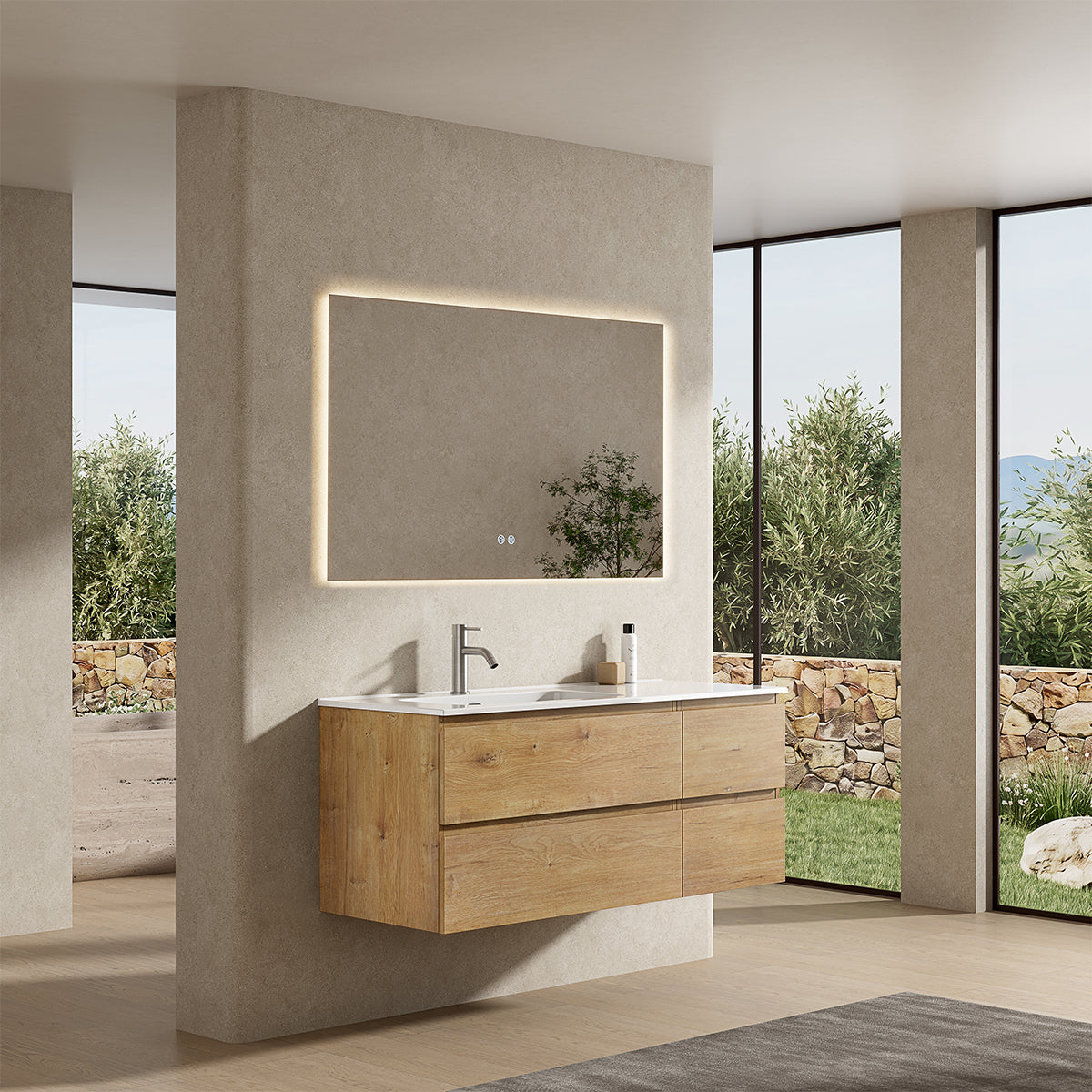 Mobile bagno sospeso 120 cm Bruno Medio Lavabo a Sinistra in Ceramica Specchio Quadro Retroilluminato - Fiji Wood
