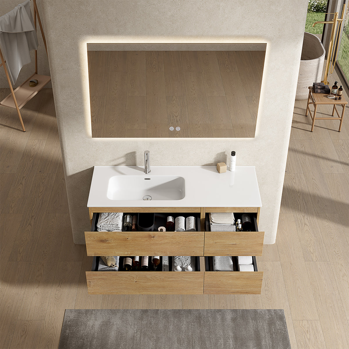 Mobile bagno sospeso 120 cm Bruno Medio Lavabo a Sinistra in Ceramica Specchio Quadro Retroilluminato - Fiji Wood