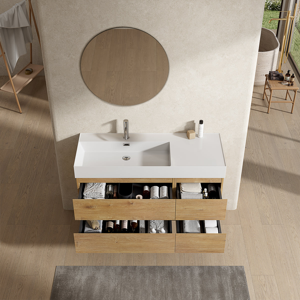 Mobile bagno sospeso 120 cm Bruno Medio Lavabo a Sinistra in Resina Specchio Tondo - Fiji Wood