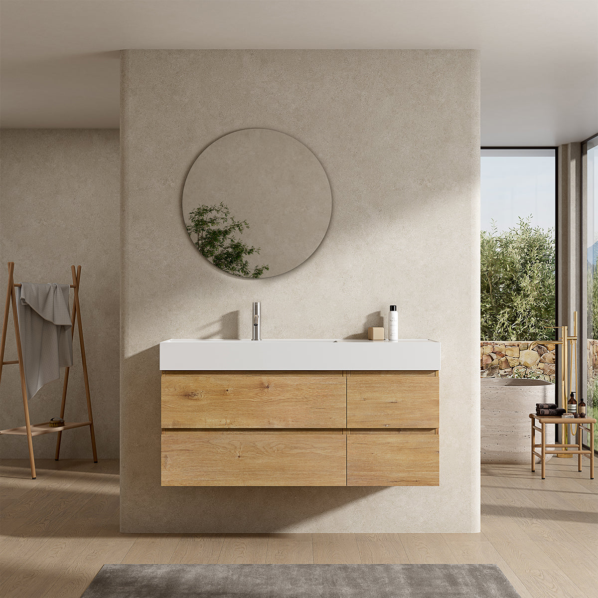 Mobile bagno sospeso 120 cm Bruno Medio Lavabo a Sinistra in Resina Specchio Tondo - Fiji Wood