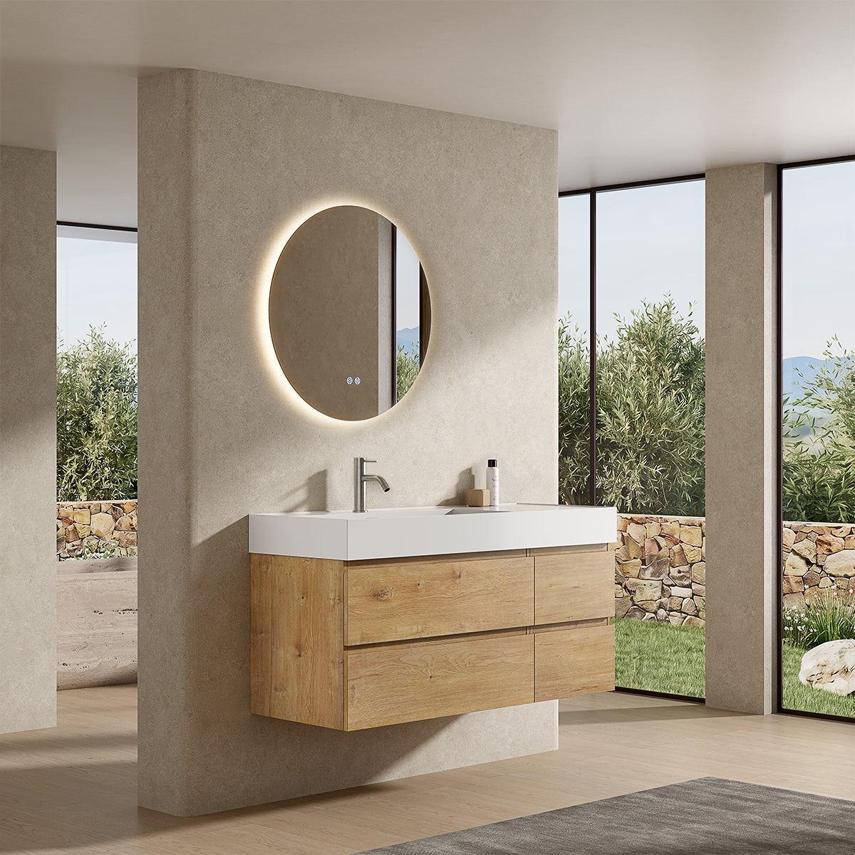 Mobile bagno sospeso 120 cm Bruno Medio Lavabo a Sinistra in Resina Specchio Tondo Retroilluminato - Fiji Wood