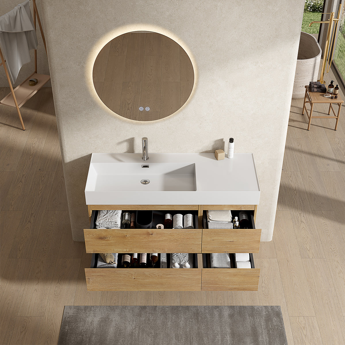 Mobile bagno sospeso 120 cm Bruno Medio Lavabo a Sinistra in Resina Specchio Tondo Retroilluminato - Fiji Wood