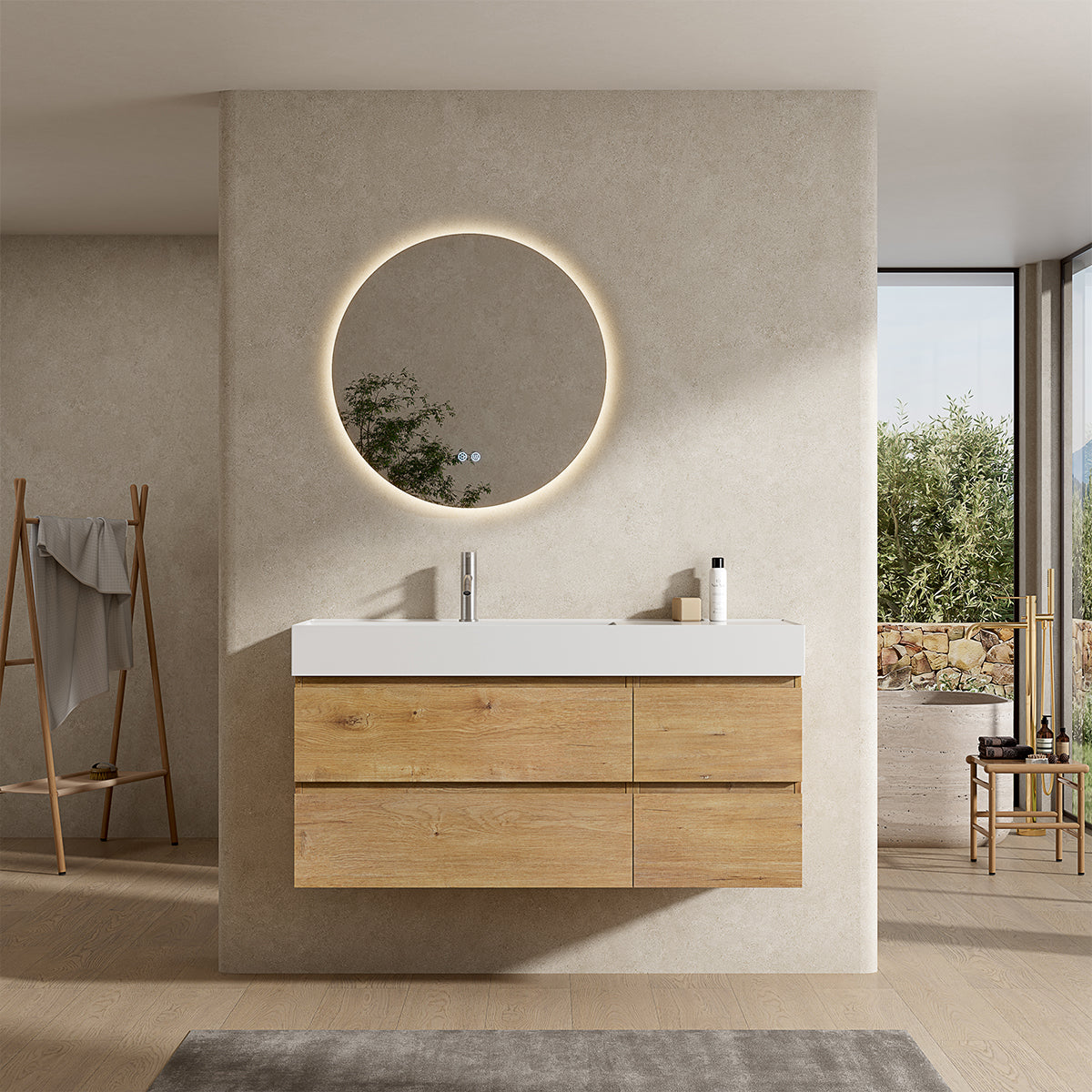 Mobile bagno sospeso 120 cm Bruno Medio Lavabo a Sinistra in Resina Specchio Tondo Retroilluminato - Fiji Wood
