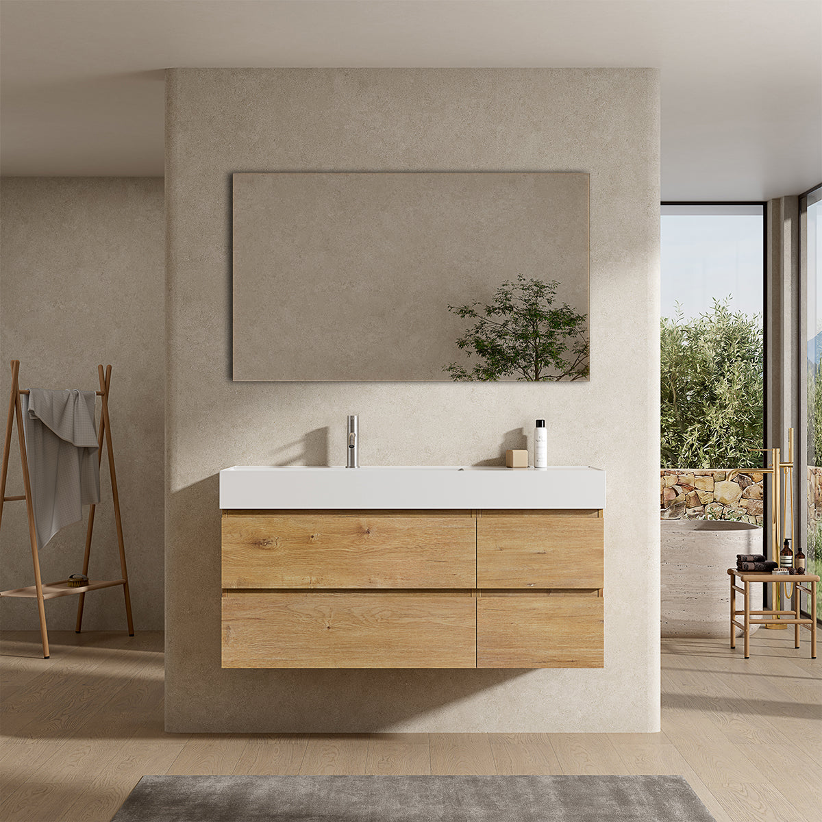 Mobile bagno sospeso 120 cm Bruno Medio Lavabo a Sinistra in Resina Specchio Quadro - Fiji Wood