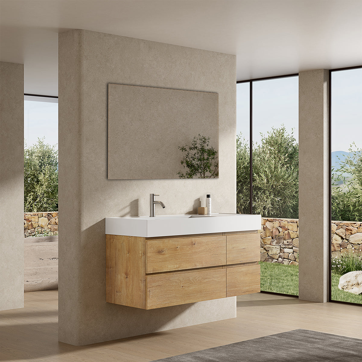 Mobile bagno sospeso 120 cm Bruno Medio Lavabo a Sinistra in Resina Specchio Quadro - Fiji Wood