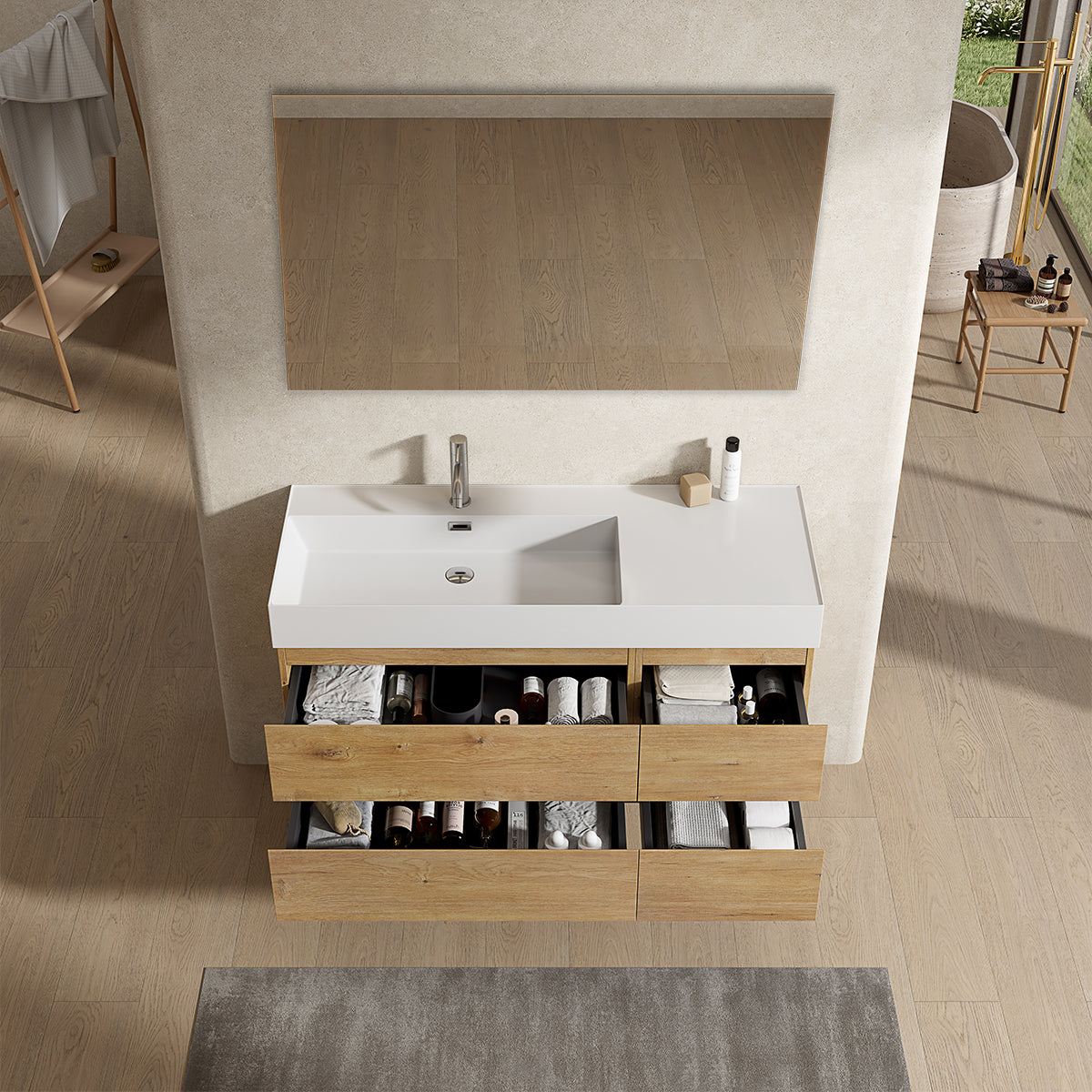 Mobile bagno sospeso 120 cm Bruno Medio Lavabo a Sinistra in Resina Specchio Quadro - Fiji Wood