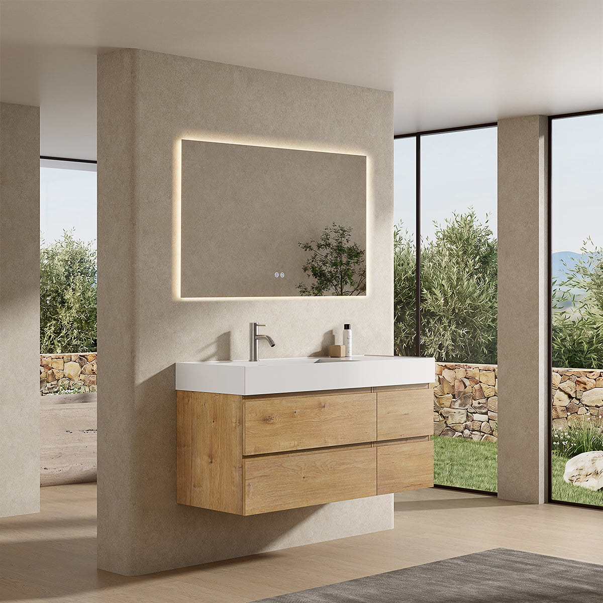 Mobile bagno sospeso 120 cm Bruno Medio Lavabo a Sinistra in Resina Specchio Quadro Retroilluminato - Fiji Wood