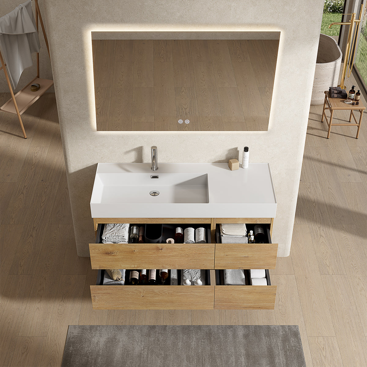 Mobile bagno sospeso 120 cm Bruno Medio Lavabo a Sinistra in Resina Specchio Quadro Retroilluminato - Fiji Wood