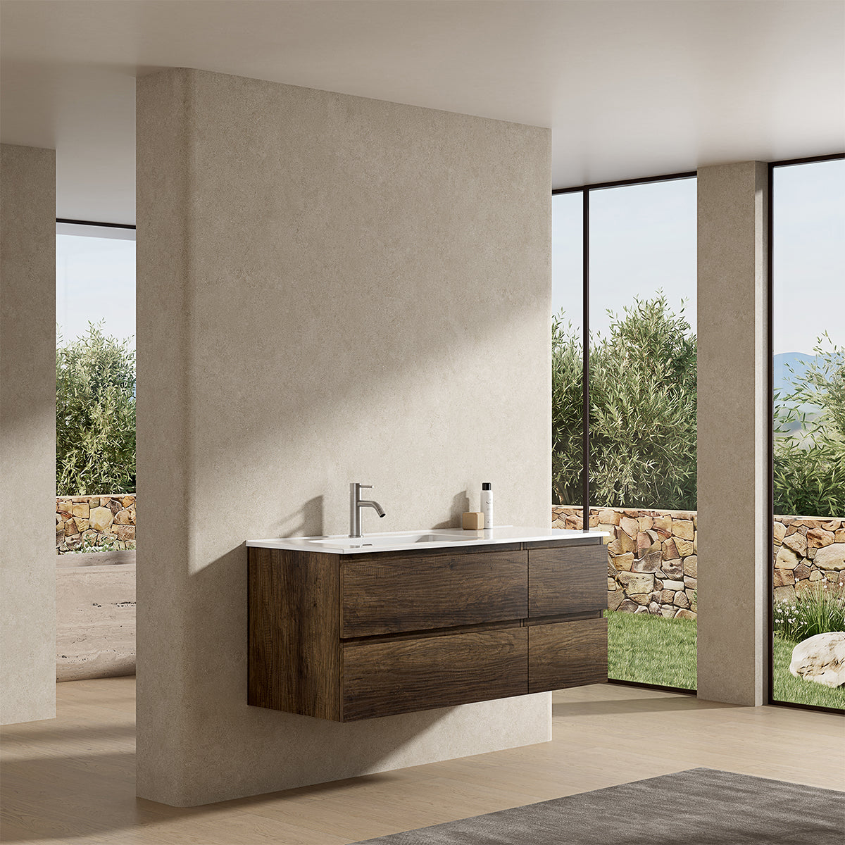 Mobile bagno sospeso 120 cm Bruno Scuro Lavabo a Sinistra in Ceramica Senza Specchio - Fiji Wood