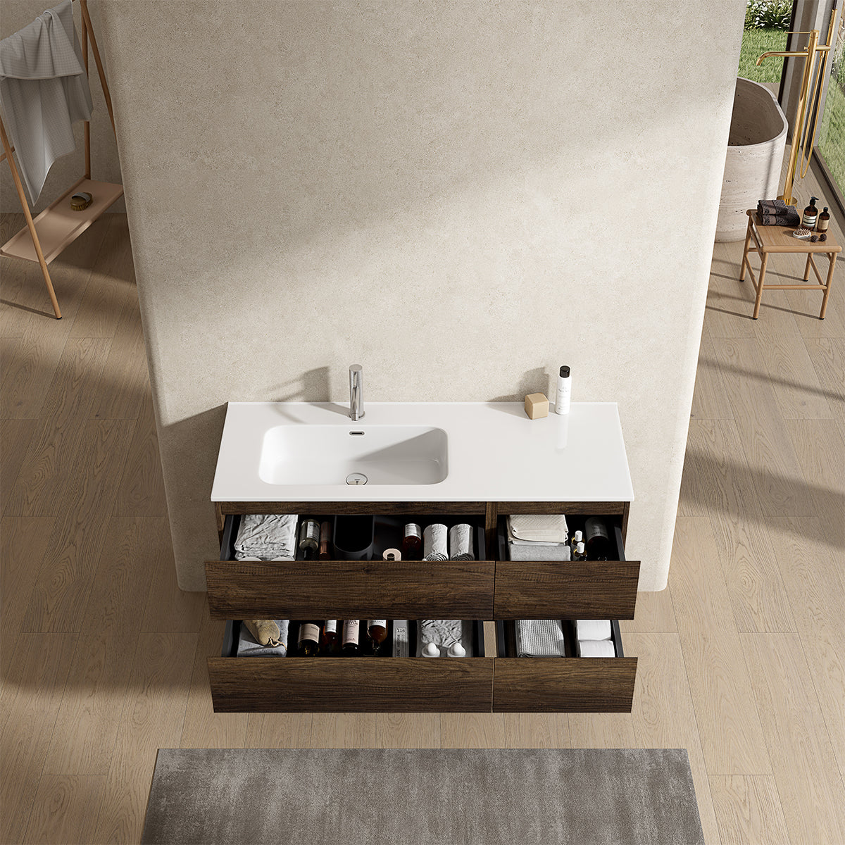 Mobile bagno sospeso 120 cm Bruno Scuro Lavabo a Sinistra in Ceramica Senza Specchio - Fiji Wood