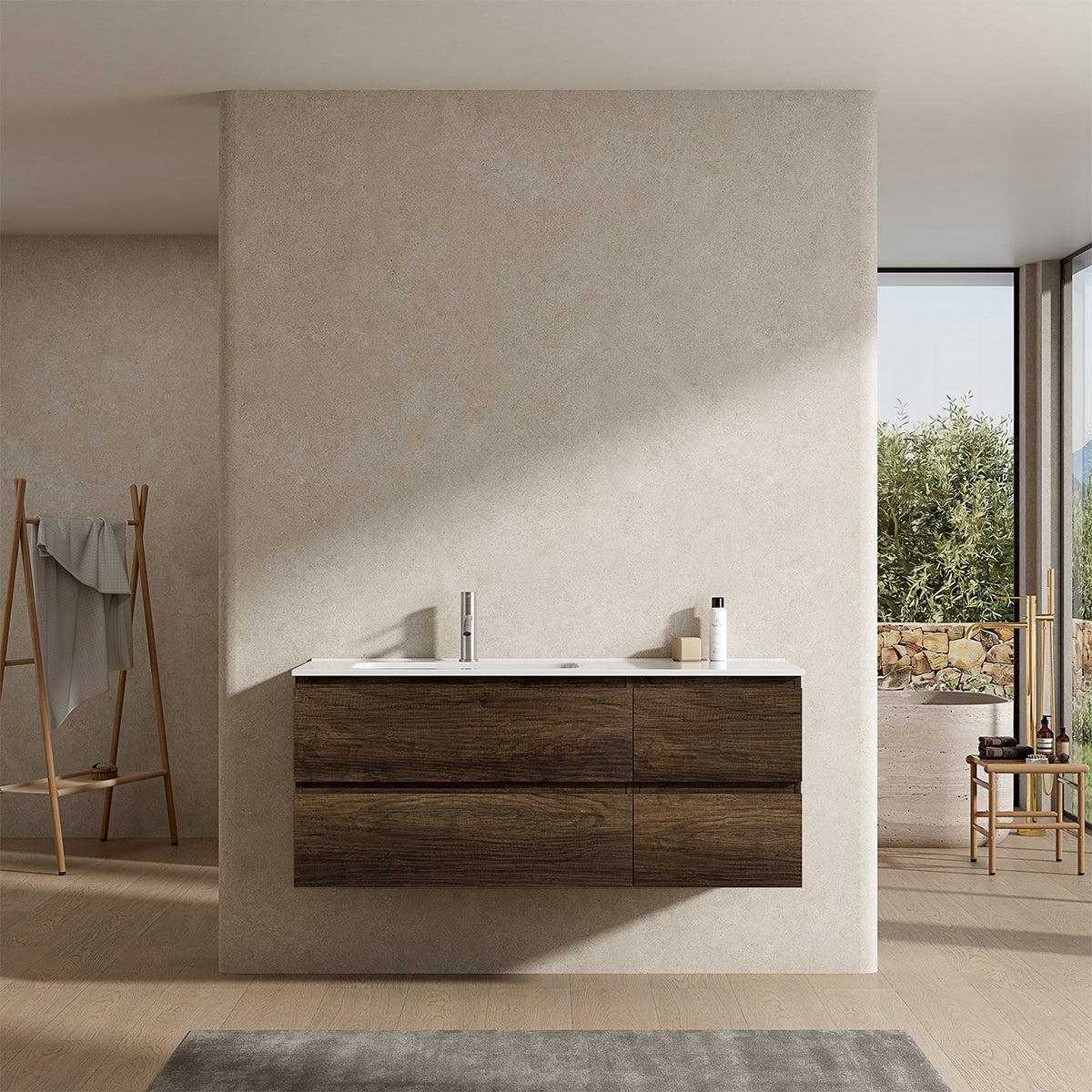 Mobile bagno sospeso 120 cm Bruno Scuro Lavabo a Sinistra in Ceramica Senza Specchio - Fiji Wood