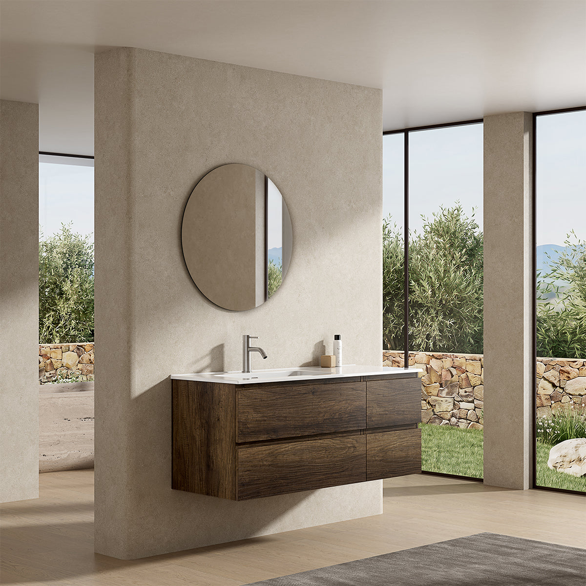Mobile bagno sospeso 120 cm Bruno Scuro Lavabo a Sinistra in Ceramica Specchio Tondo - Fiji Wood
