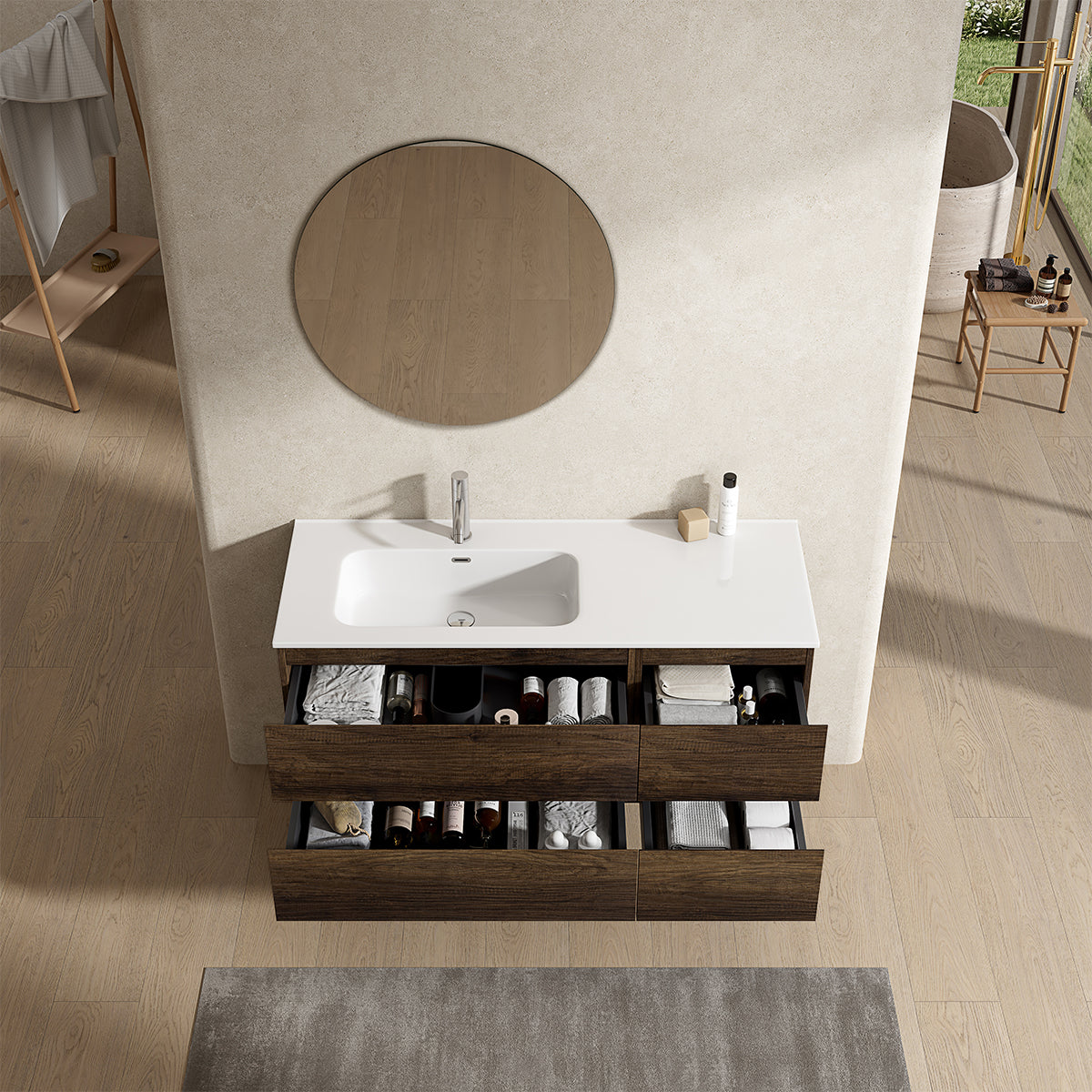 Mobile bagno sospeso 120 cm Bruno Scuro Lavabo a Sinistra in Ceramica Specchio Tondo - Fiji Wood