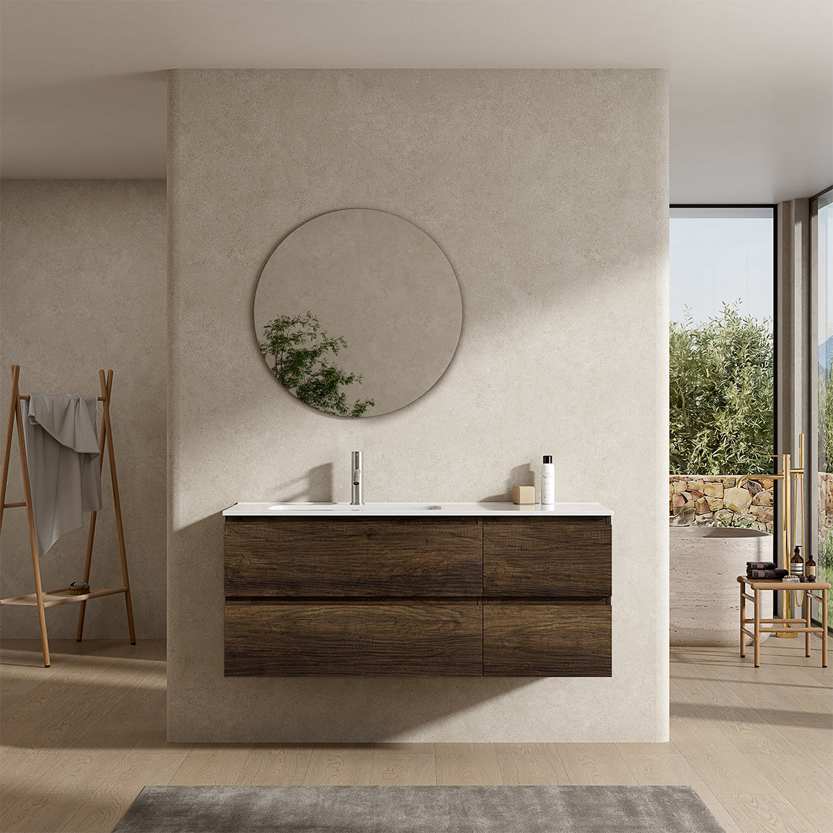 Mobile bagno sospeso 120 cm Bruno Scuro Lavabo a Sinistra in Ceramica Specchio Tondo - Fiji Wood