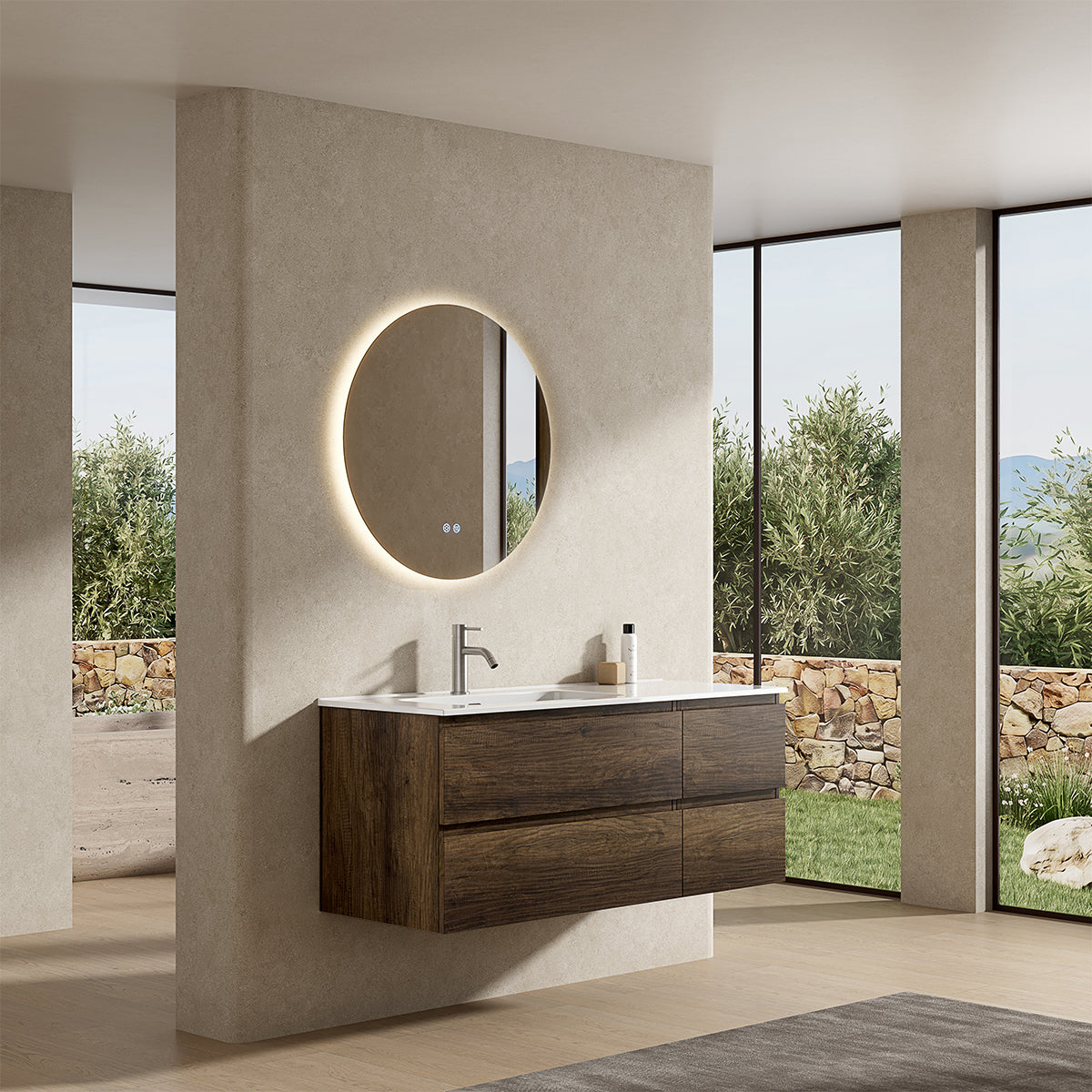 Mobile bagno sospeso 120 cm Bruno Scuro Lavabo a Sinistra in Ceramica Specchio Tondo Retroilluminato - Fiji Wood