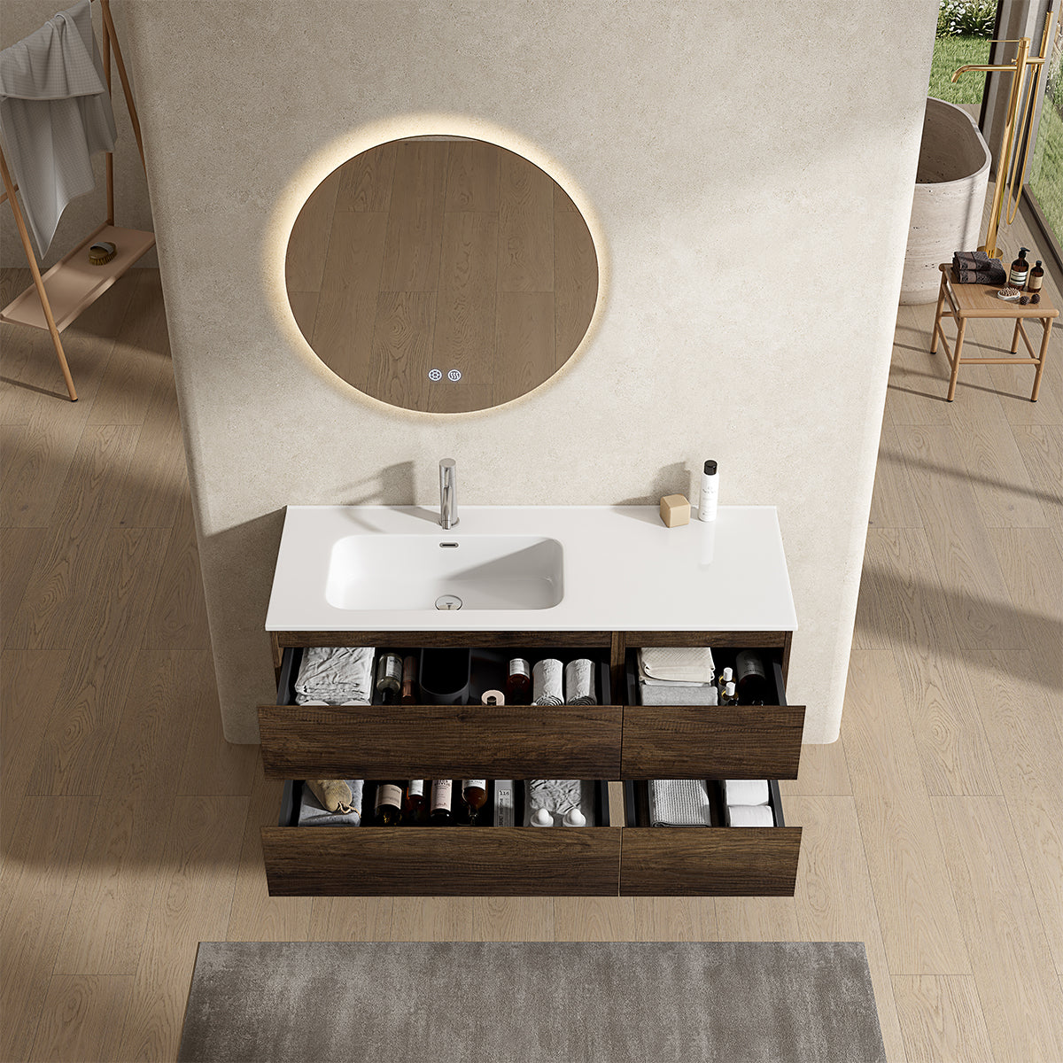 Mobile bagno sospeso 120 cm Bruno Scuro Lavabo a Sinistra in Ceramica Specchio Tondo Retroilluminato - Fiji Wood