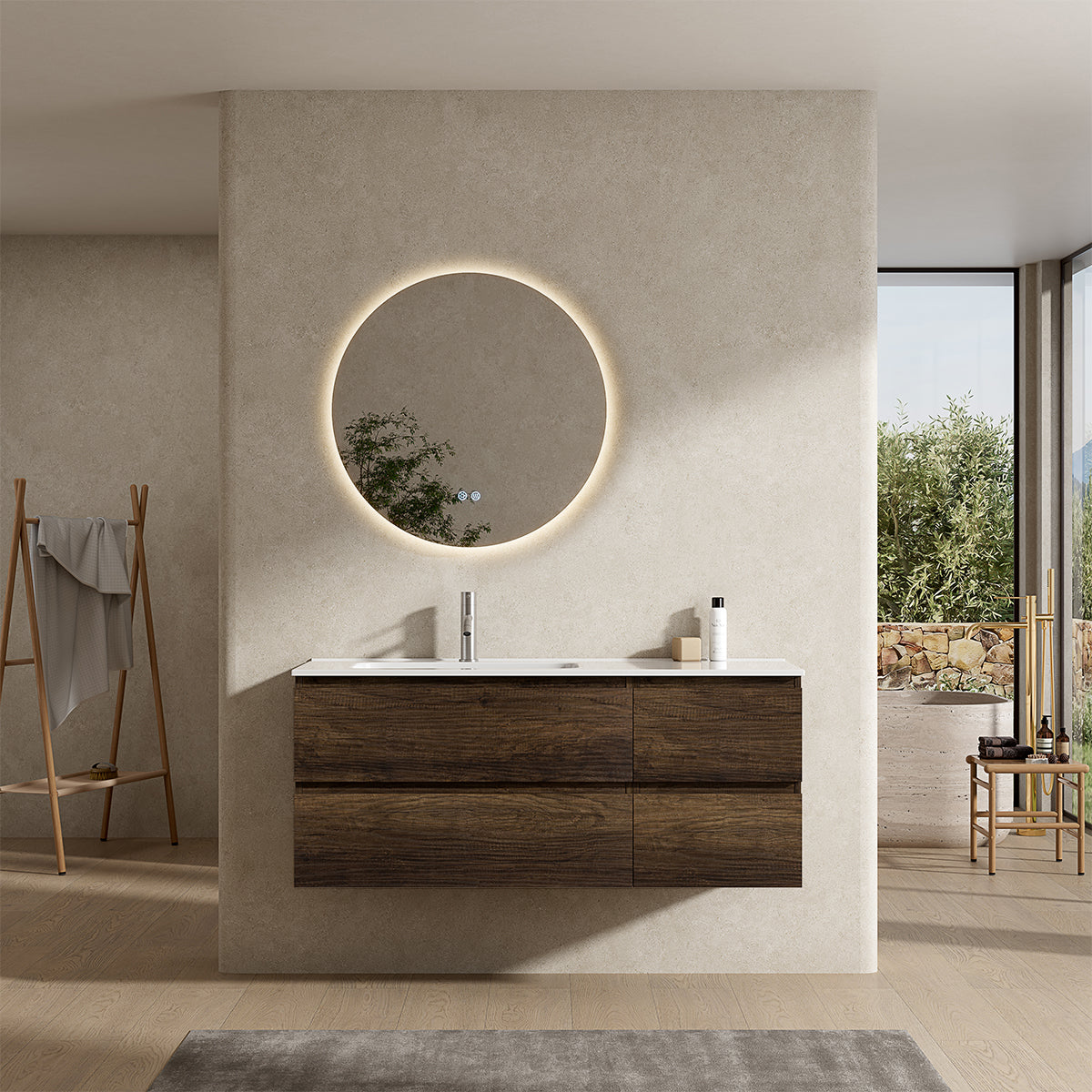 Mobile bagno sospeso 120 cm Bruno Scuro Lavabo a Sinistra in Ceramica Specchio Tondo Retroilluminato - Fiji Wood