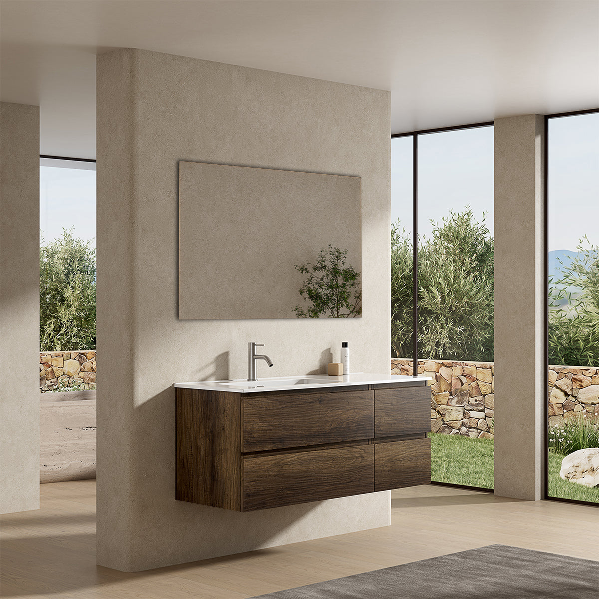 Mobile bagno sospeso 120 cm Bruno Scuro Lavabo a Sinistra in Ceramica Specchio Quadro - Fiji Wood