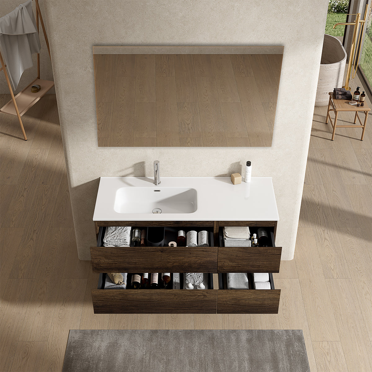 Mobile bagno sospeso 120 cm Bruno Scuro Lavabo a Sinistra in Ceramica Specchio Quadro - Fiji Wood