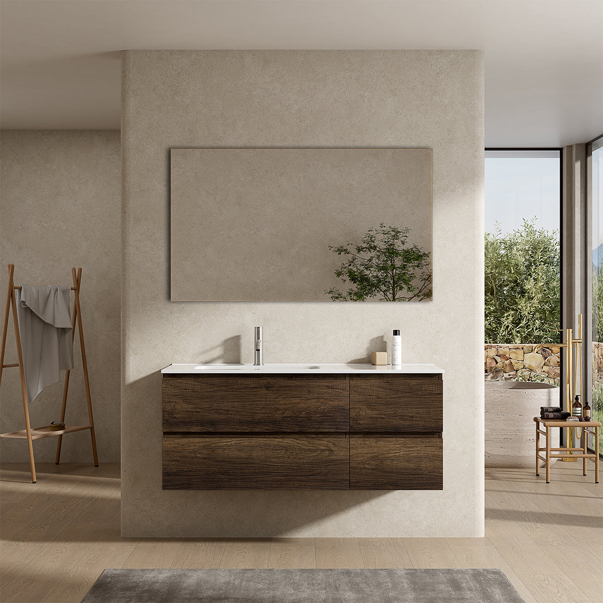 Mobile bagno sospeso 120 cm Bruno Scuro Lavabo a Sinistra in Ceramica Specchio Quadro - Fiji Wood