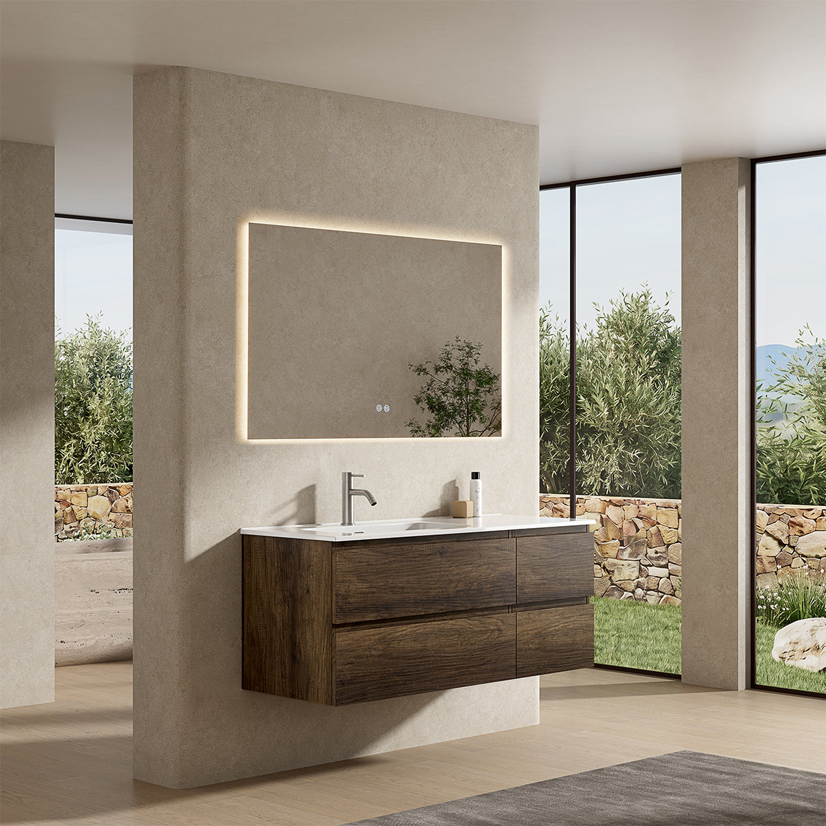Mobile bagno sospeso 120 cm Bruno Scuro Lavabo a Sinistra in Ceramica Specchio Quadro Retroilluminato - Fiji Wood