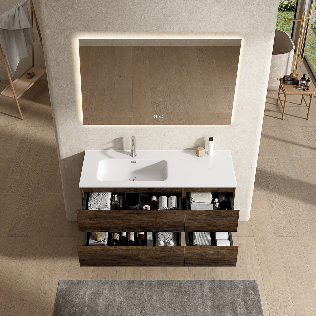 Mobile bagno sospeso 120 cm Bruno Scuro Lavabo a Sinistra in Ceramica Specchio Quadro Retroilluminato - Fiji Wood
