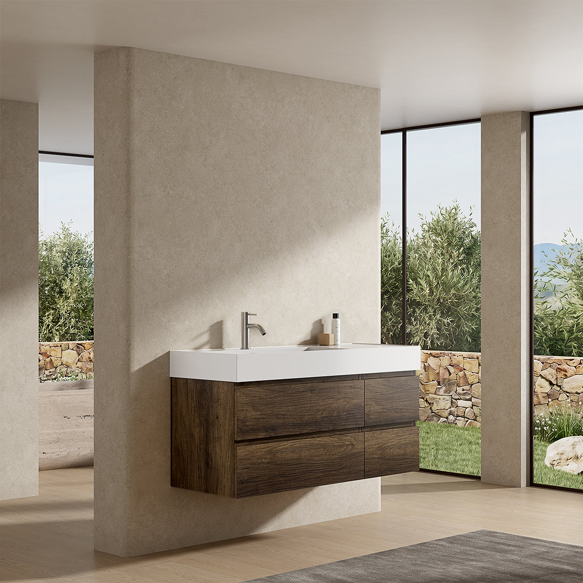 Mobile bagno sospeso 120 cm Bruno Scuro Lavabo a Sinistra in Resina Senza Specchio - Fiji Wood
