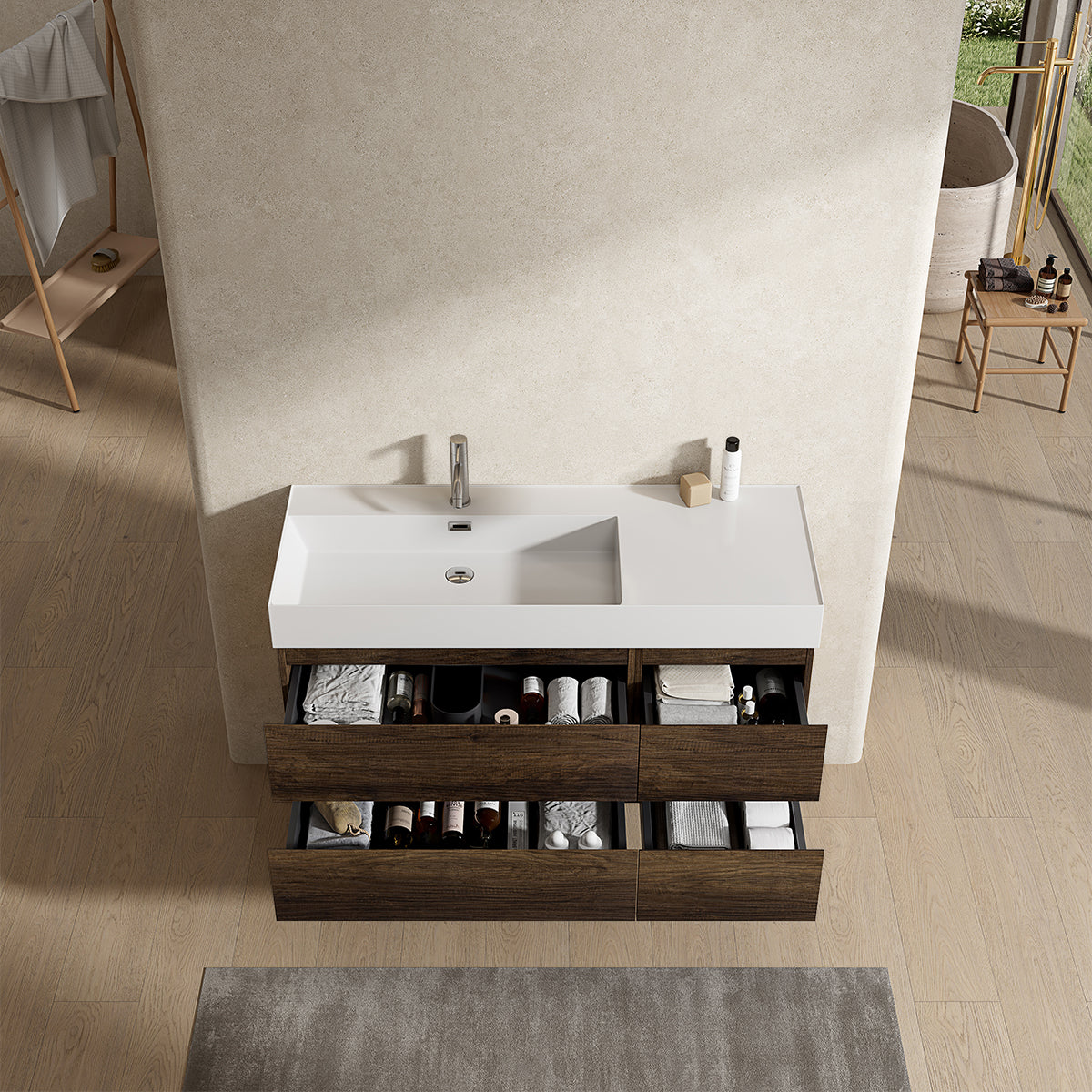 Mobile bagno sospeso 120 cm Bruno Scuro Lavabo a Sinistra in Resina Senza Specchio - Fiji Wood