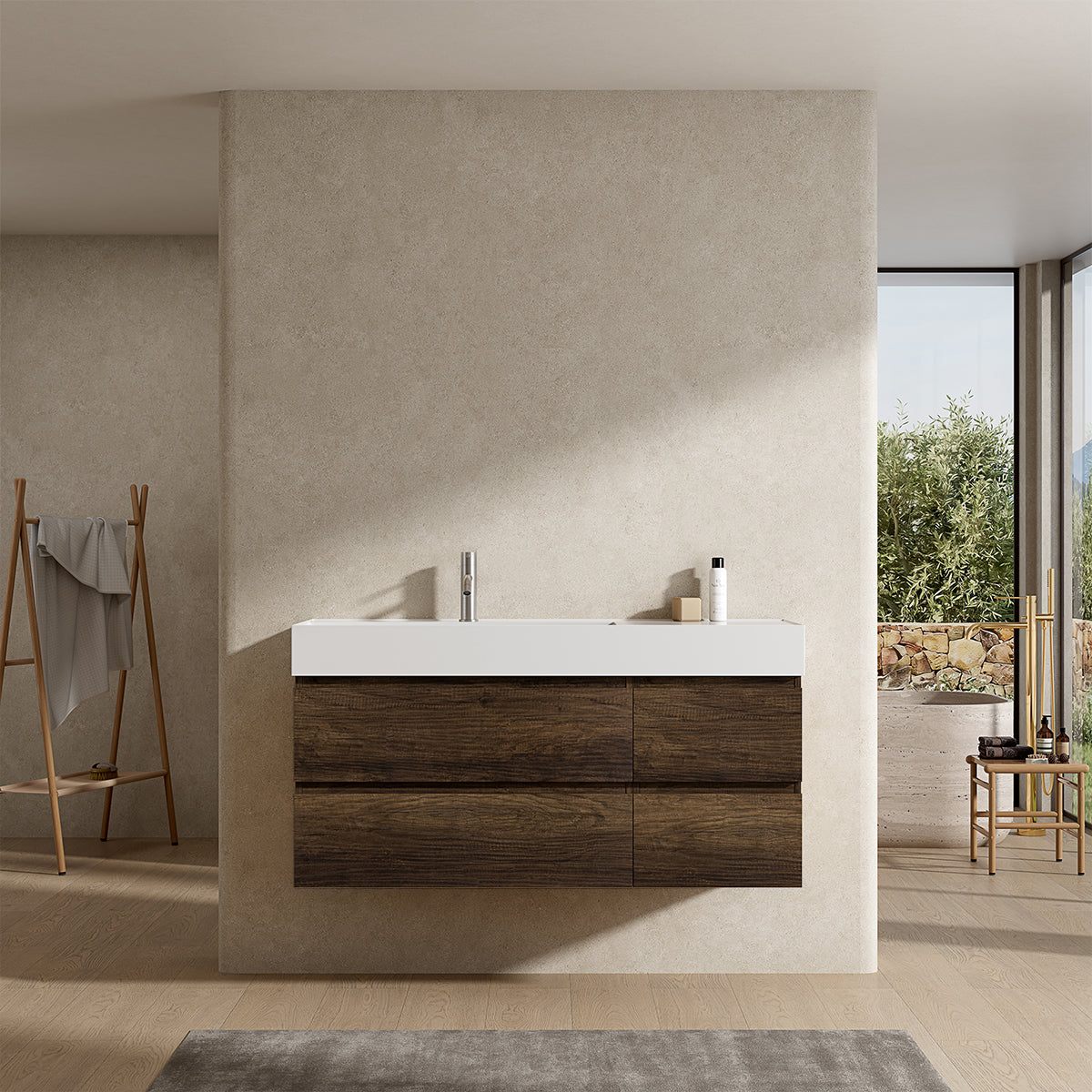 Mobile bagno sospeso 120 cm Bruno Scuro Lavabo a Sinistra in Resina Senza Specchio - Fiji Wood