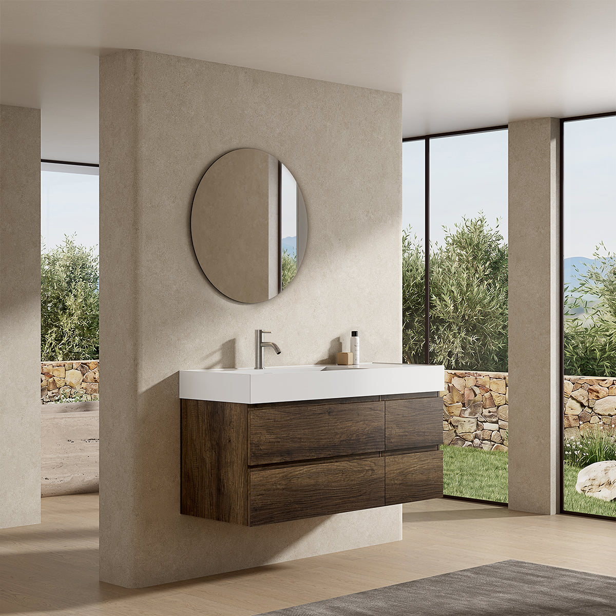 Mobile bagno sospeso 120 cm Bruno Scuro Lavabo a Sinistra in Resina Specchio Tondo - Fiji Wood