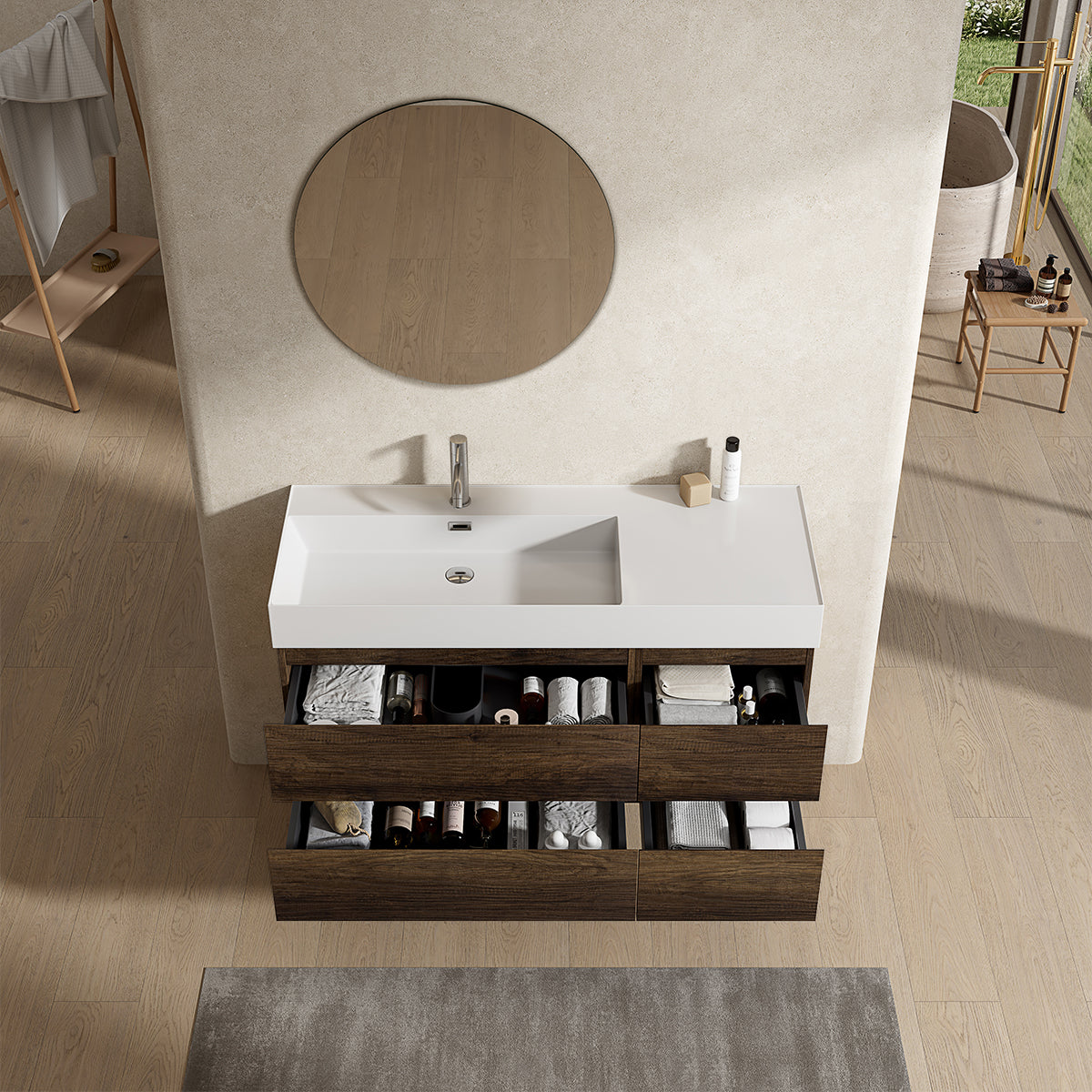 Mobile bagno sospeso 120 cm Bruno Scuro Lavabo a Sinistra in Resina Specchio Tondo - Fiji Wood