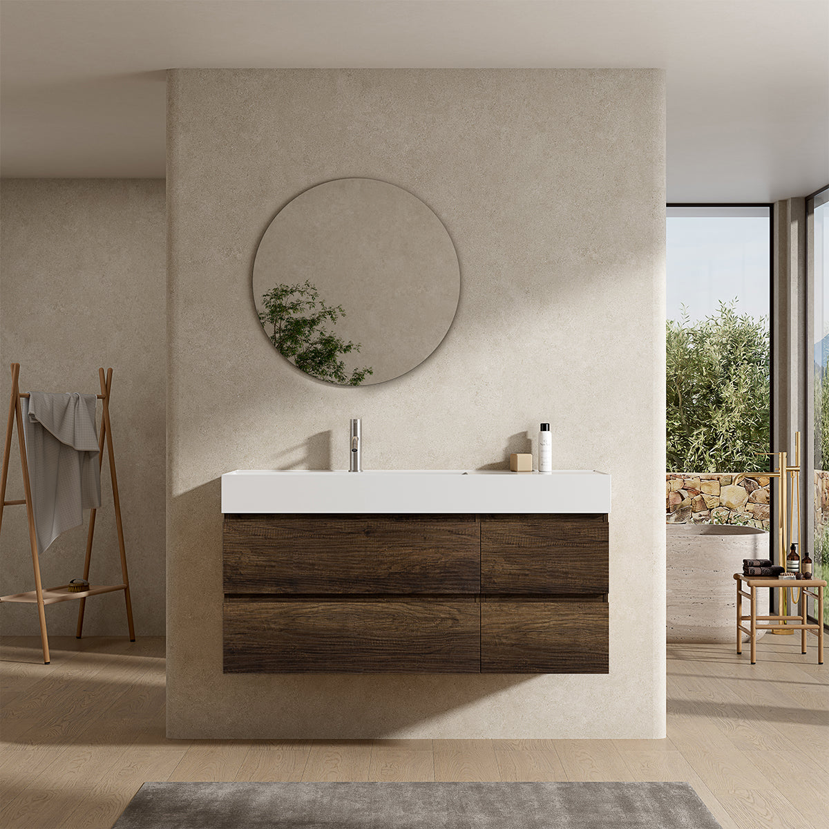 Mobile bagno sospeso 120 cm Bruno Scuro Lavabo a Sinistra in Resina Specchio Tondo - Fiji Wood