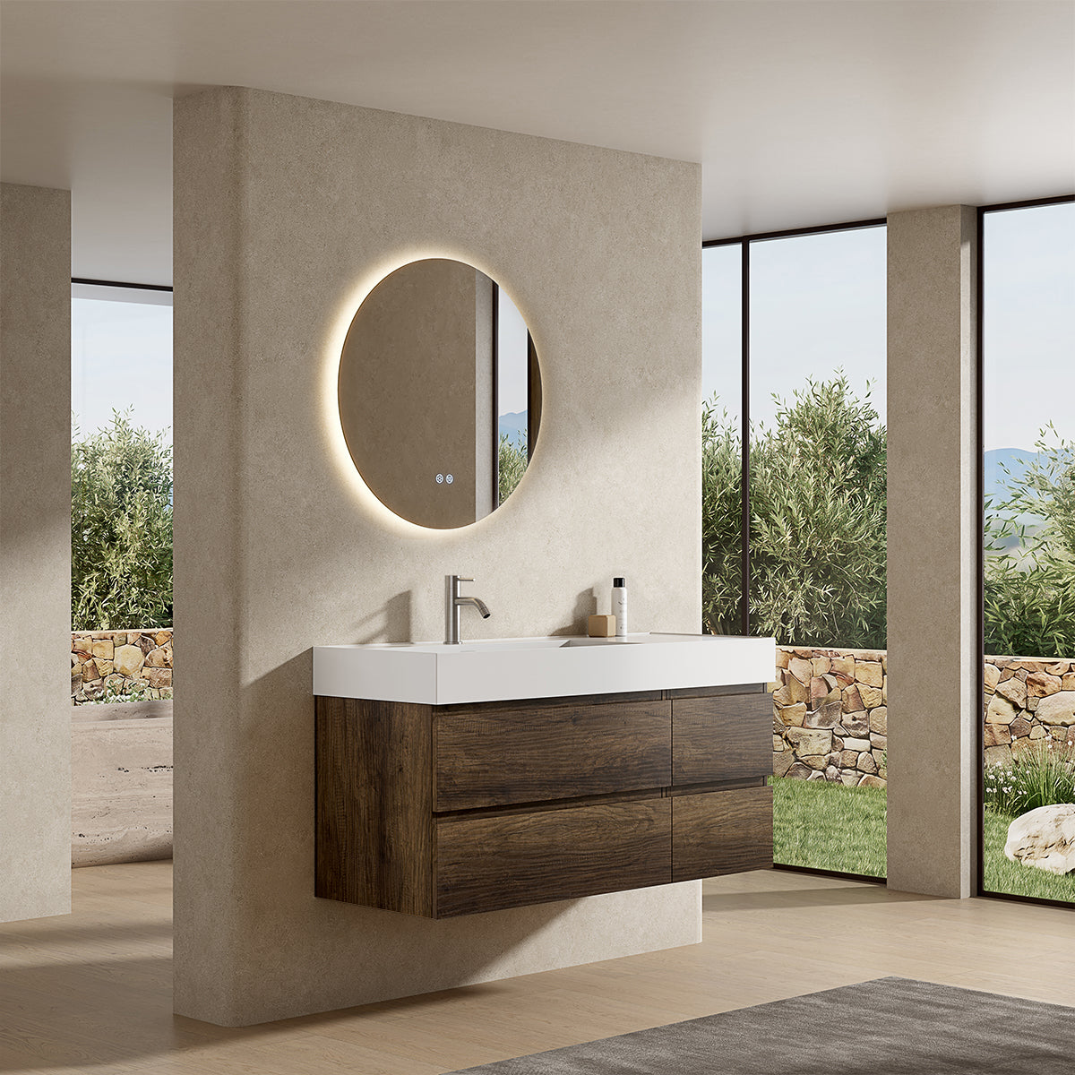 Mobile bagno sospeso 120 cm Bruno Scuro Lavabo a Sinistra in Resina Specchio Tondo Retroilluminato - Fiji Wood