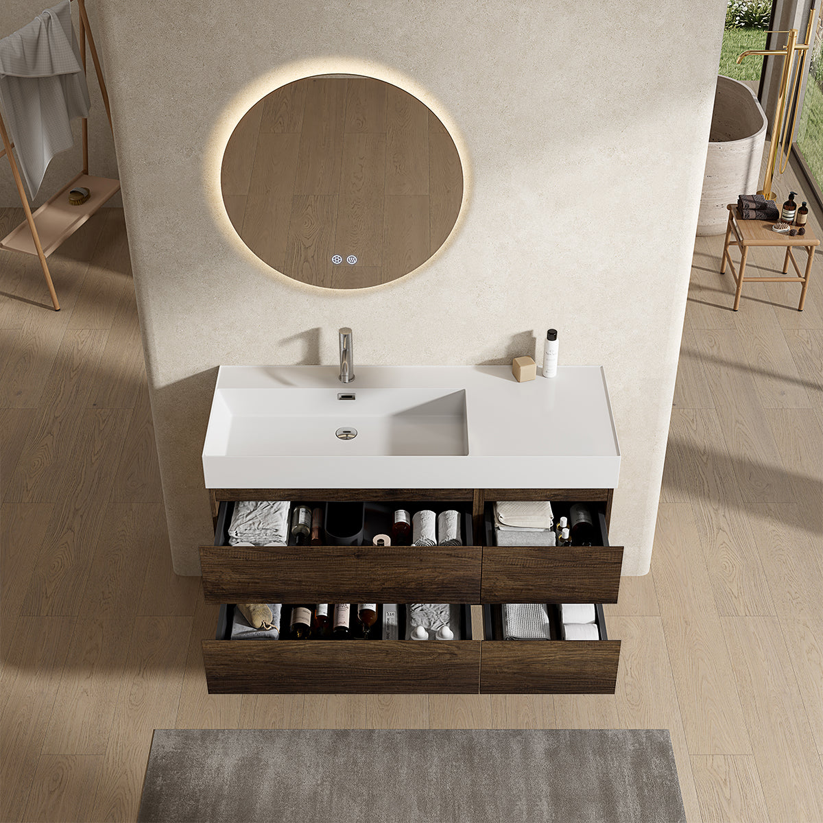 Mobile bagno sospeso 120 cm Bruno Scuro Lavabo a Sinistra in Resina Specchio Tondo Retroilluminato - Fiji Wood