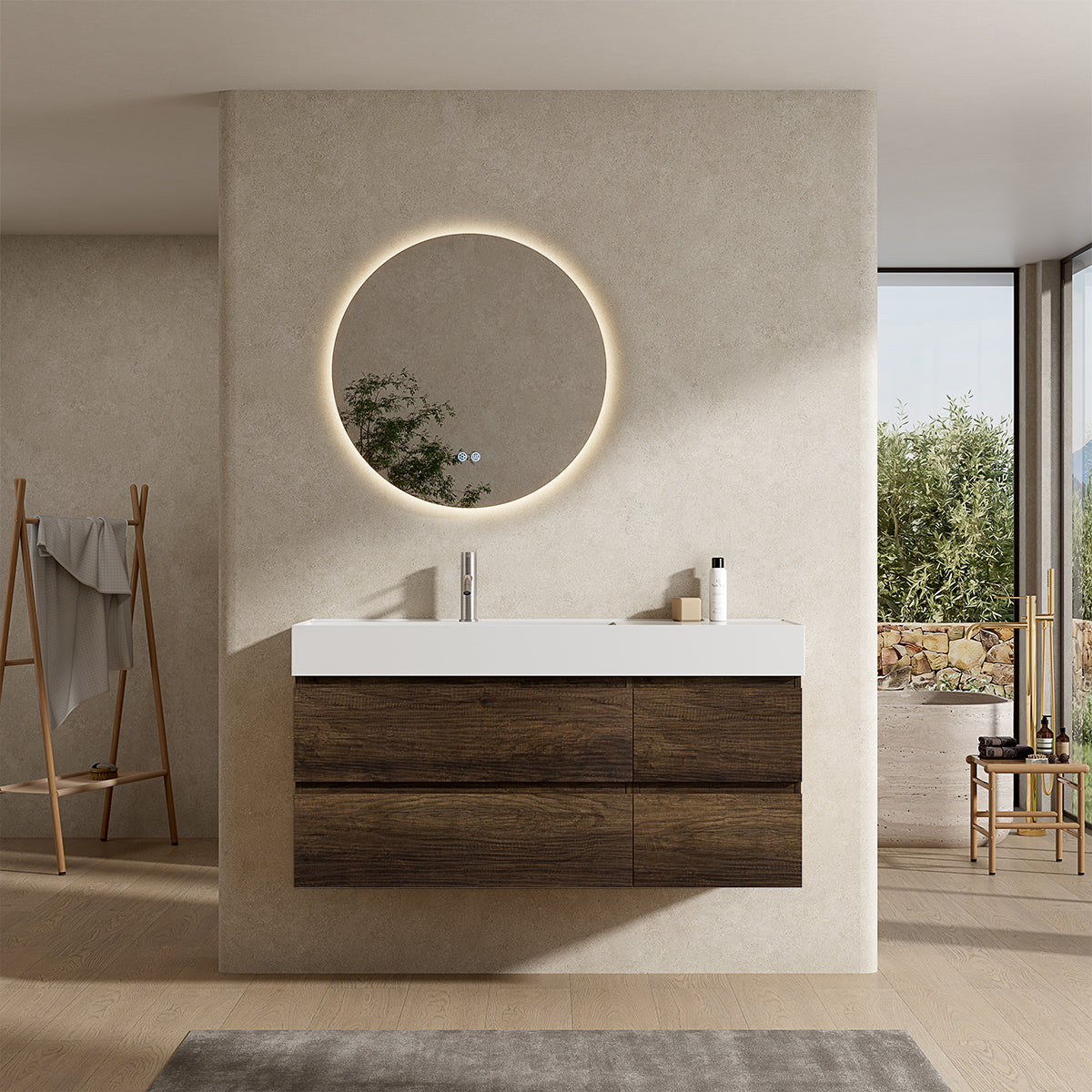 Mobile bagno sospeso 120 cm Bruno Scuro Lavabo a Sinistra in Resina Specchio Tondo Retroilluminato - Fiji Wood