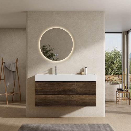 Mobile bagno sospeso 120 cm Bruno Scuro Lavabo a Sinistra in Resina Specchio Tondo Retroilluminato - Fiji Wood