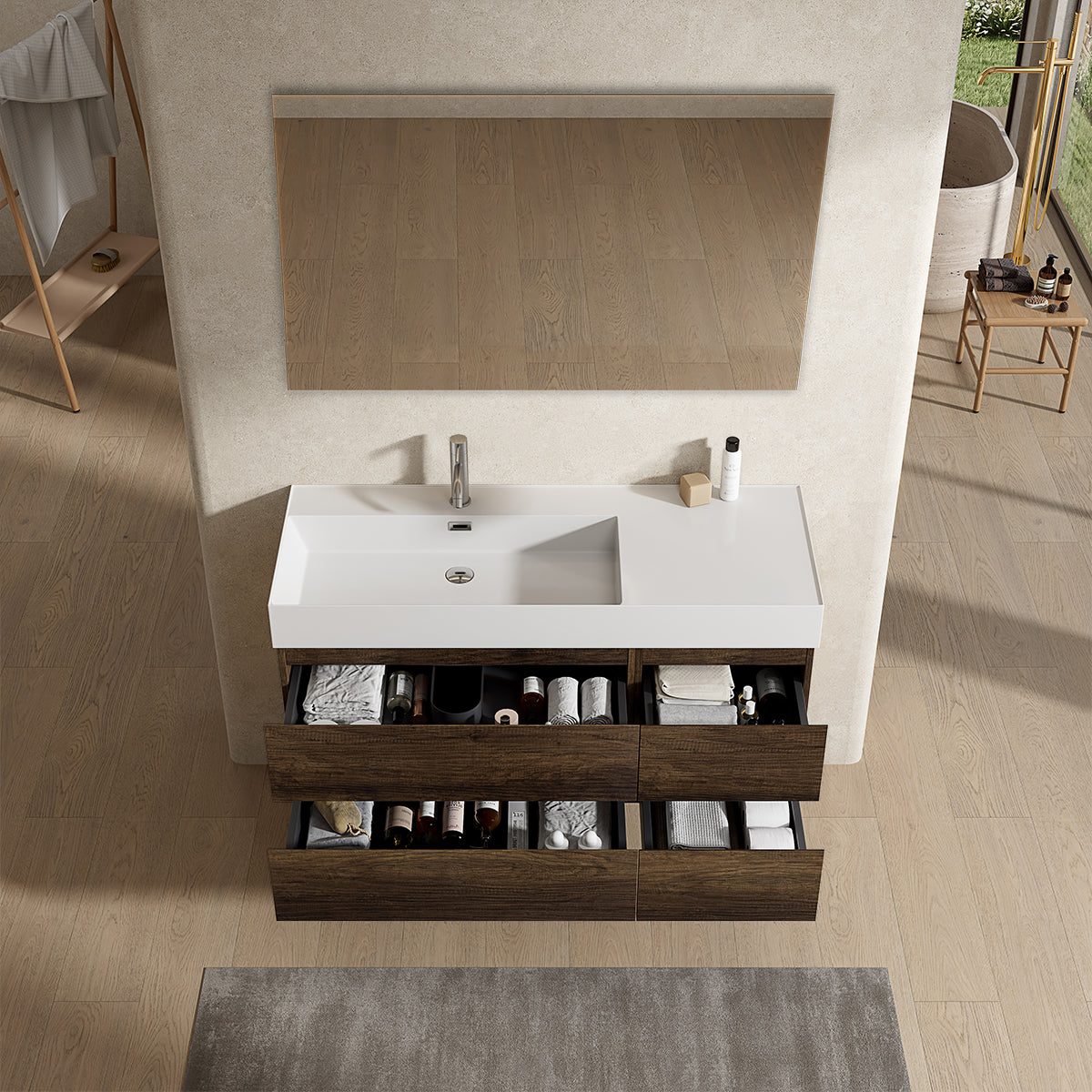 Mobile bagno sospeso 120 cm Bruno Scuro Lavabo a Sinistra in Resina Specchio Quadro - Fiji Wood