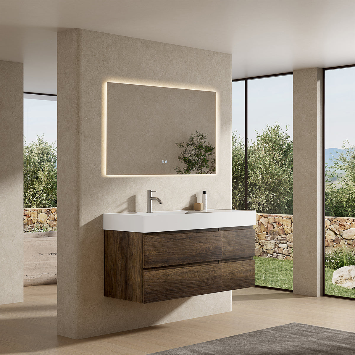 Mobile bagno sospeso 120 cm Bruno Scuro Lavabo a Sinistra in Resina Specchio Quadro Retroilluminato - Fiji Wood