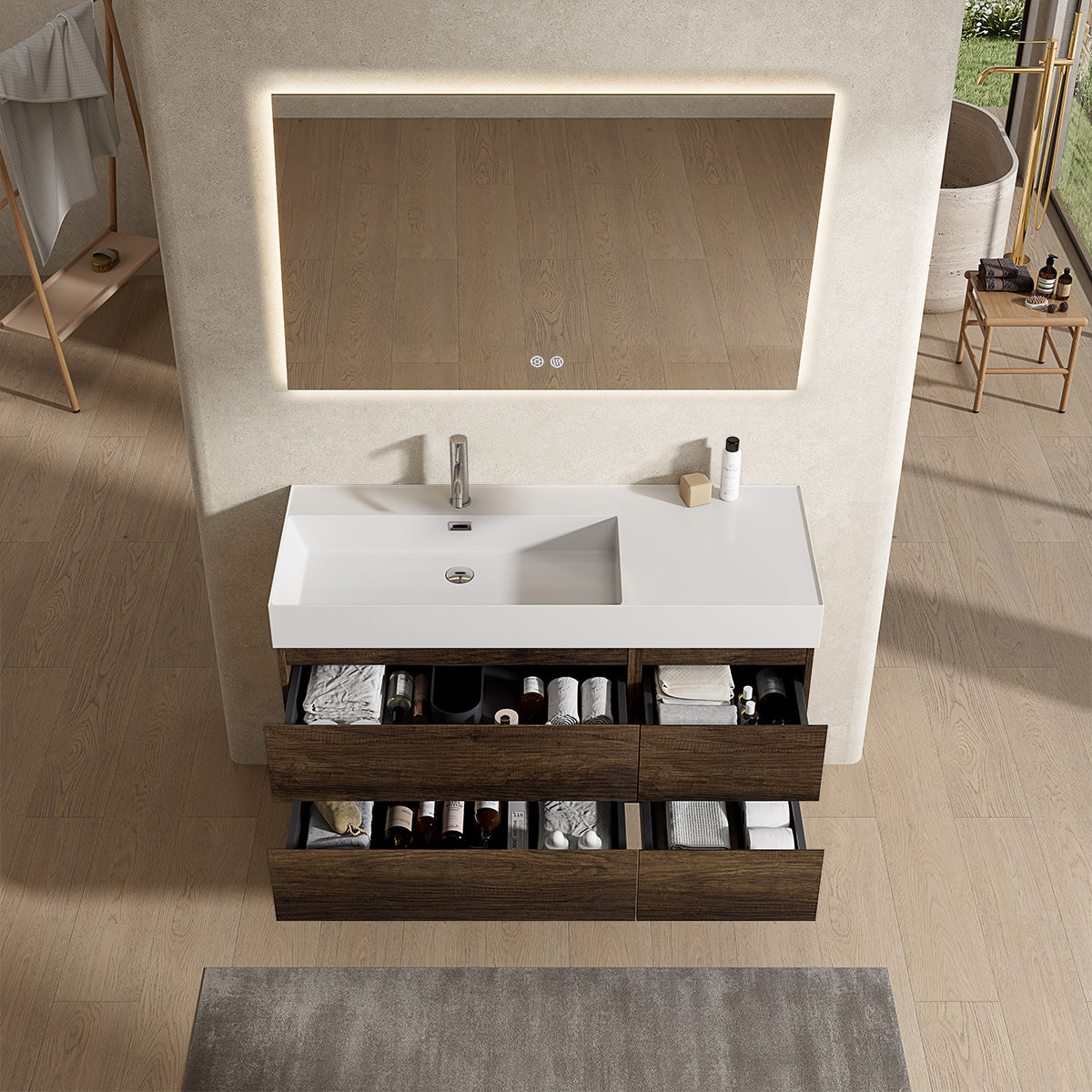 Mobile bagno sospeso 120 cm Bruno Scuro Lavabo a Sinistra in Resina Specchio Quadro Retroilluminato - Fiji Wood