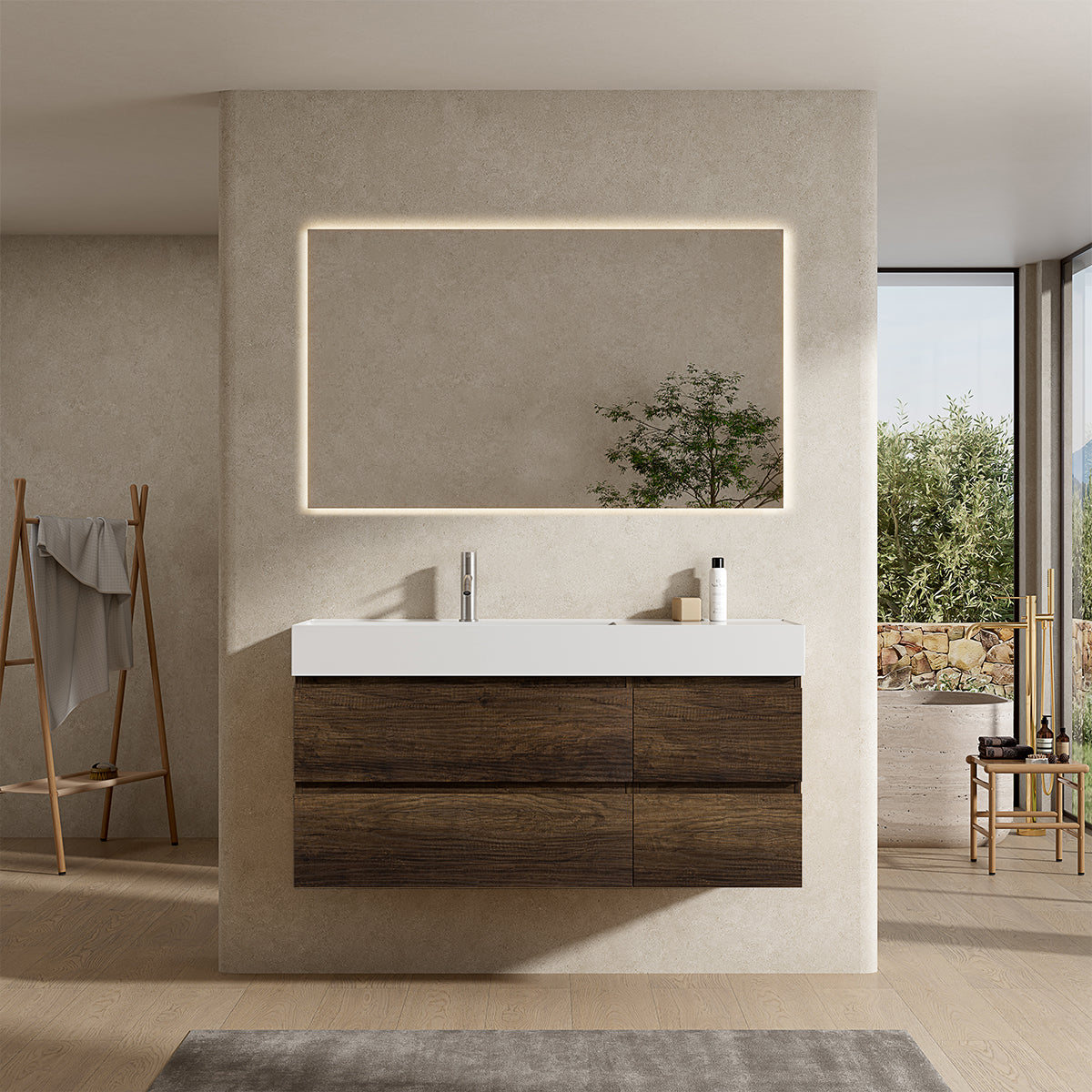 Mobile bagno sospeso 120 cm Bruno Scuro Lavabo a Sinistra in Resina Specchio Quadro Retroilluminato - Fiji Wood