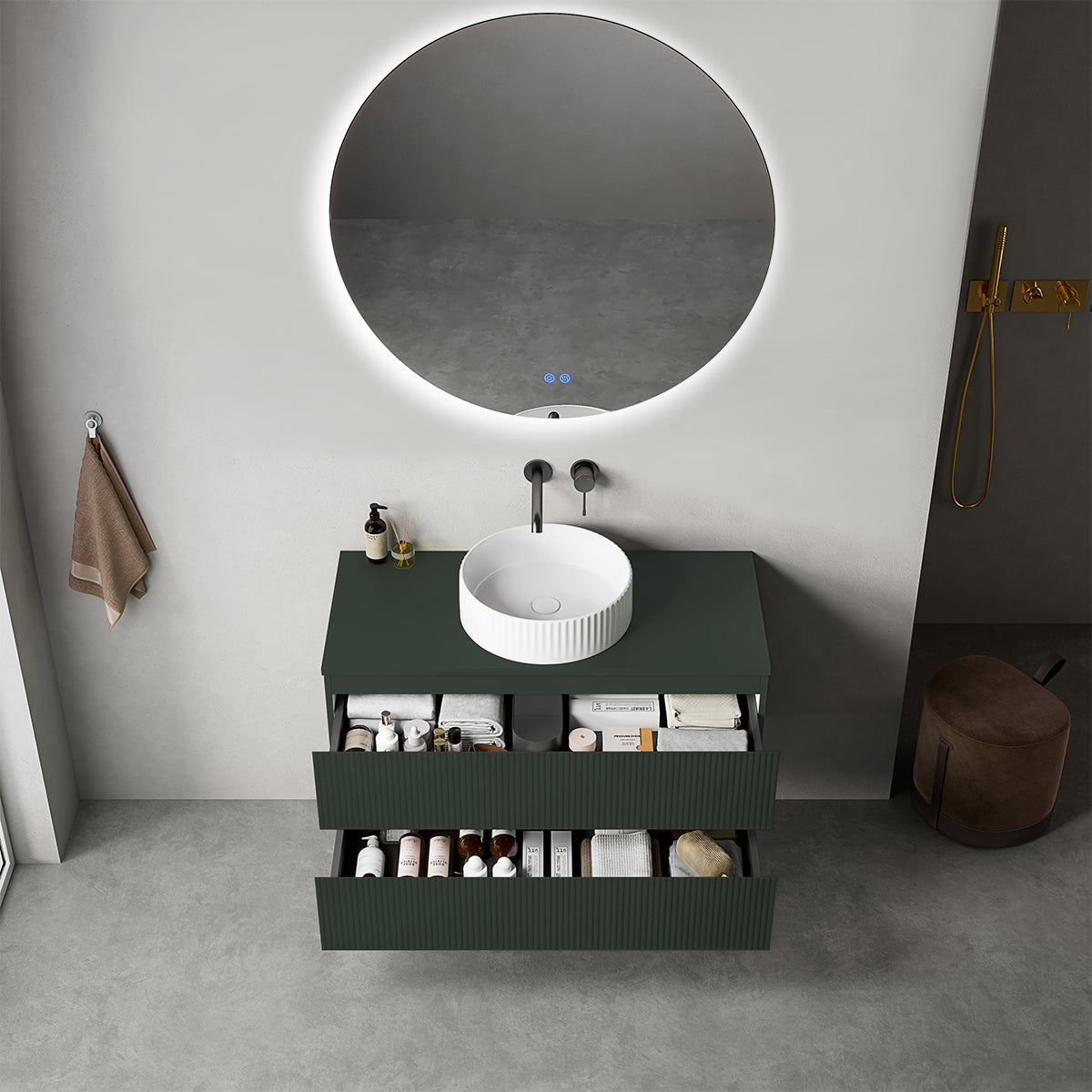 Mobile bagno sospeso cannettato 100 cm Verde Comodoro per Lavabo d'appoggio Specchio Tondo Retroilluminato - Fiji Paint Top Canneté