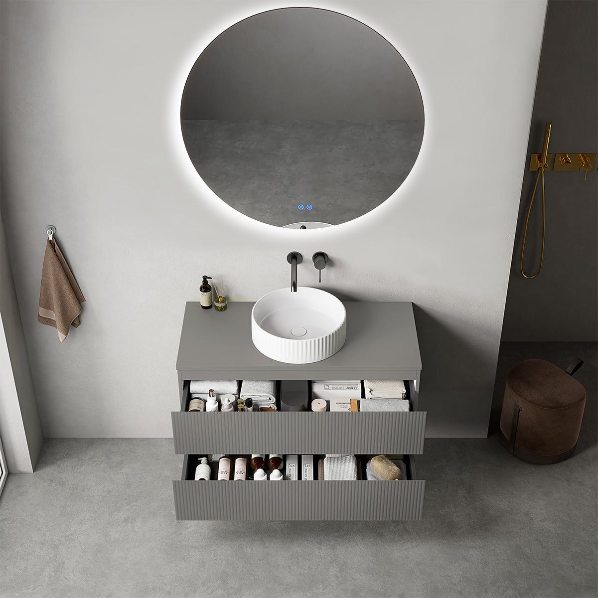 Mobile bagno sospeso cannettato 100 cm Grigio Londra per Lavabo d'appoggio Specchio Tondo Retroilluminato - Fiji Paint Top Canneté