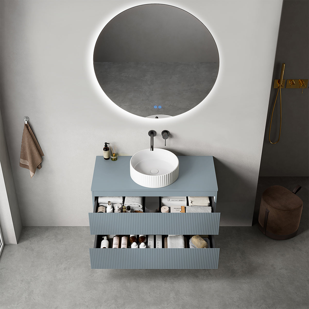 Mobile bagno sospeso cannettato 100 cm Blu Avio per Lavabo d'appoggio Specchio Tondo Retroilluminato - Fiji Paint Top Canneté