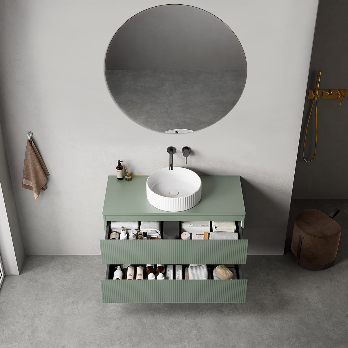 Mobile bagno sospeso cannettato 100 cm Verde Salvia per Lavabo d'appoggio Specchio Tondo - Fiji Paint Top Canneté