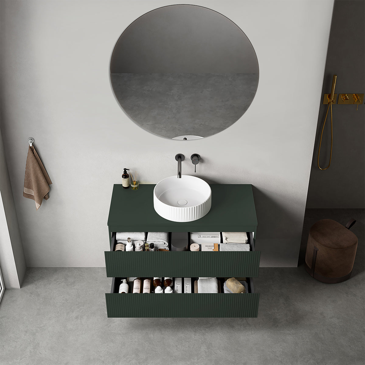 Mobile bagno sospeso cannettato 100 cm Verde Comodoro per Lavabo d'appoggio Specchio Tondo - Fiji Paint Top Canneté
