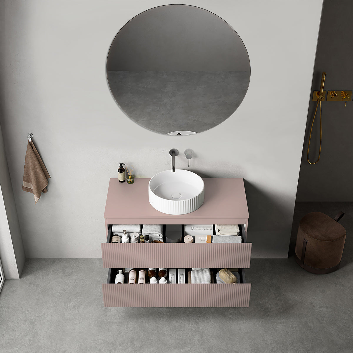 Mobile bagno sospeso cannettato 100 cm Rosa Retrò per Lavabo d'appoggio Specchio Tondo - Fiji Paint Top Canneté
