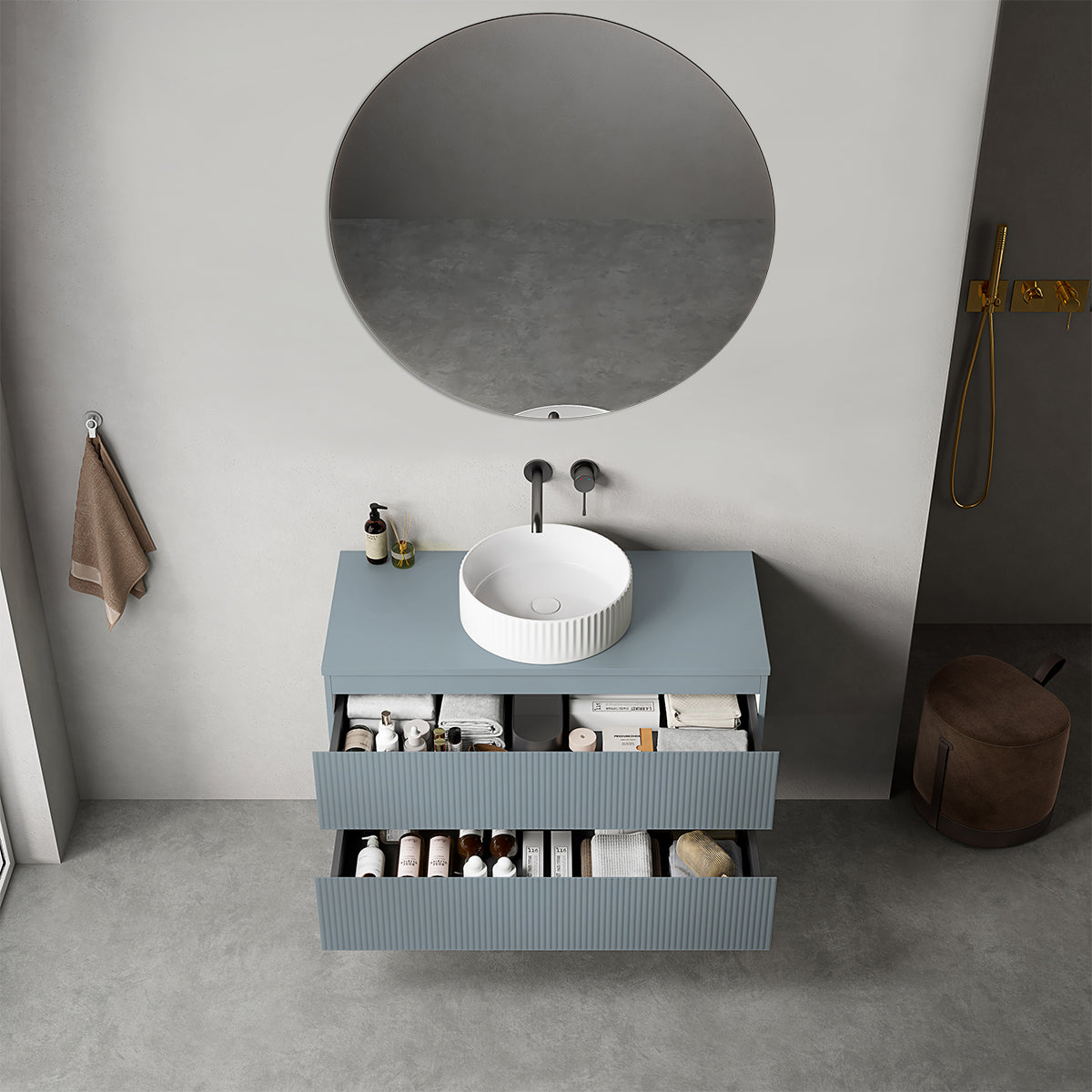 Mobile bagno sospeso cannettato 100 cm Blu Avio per Lavabo d'appoggio Specchio Tondo - Fiji Paint Top Canneté
