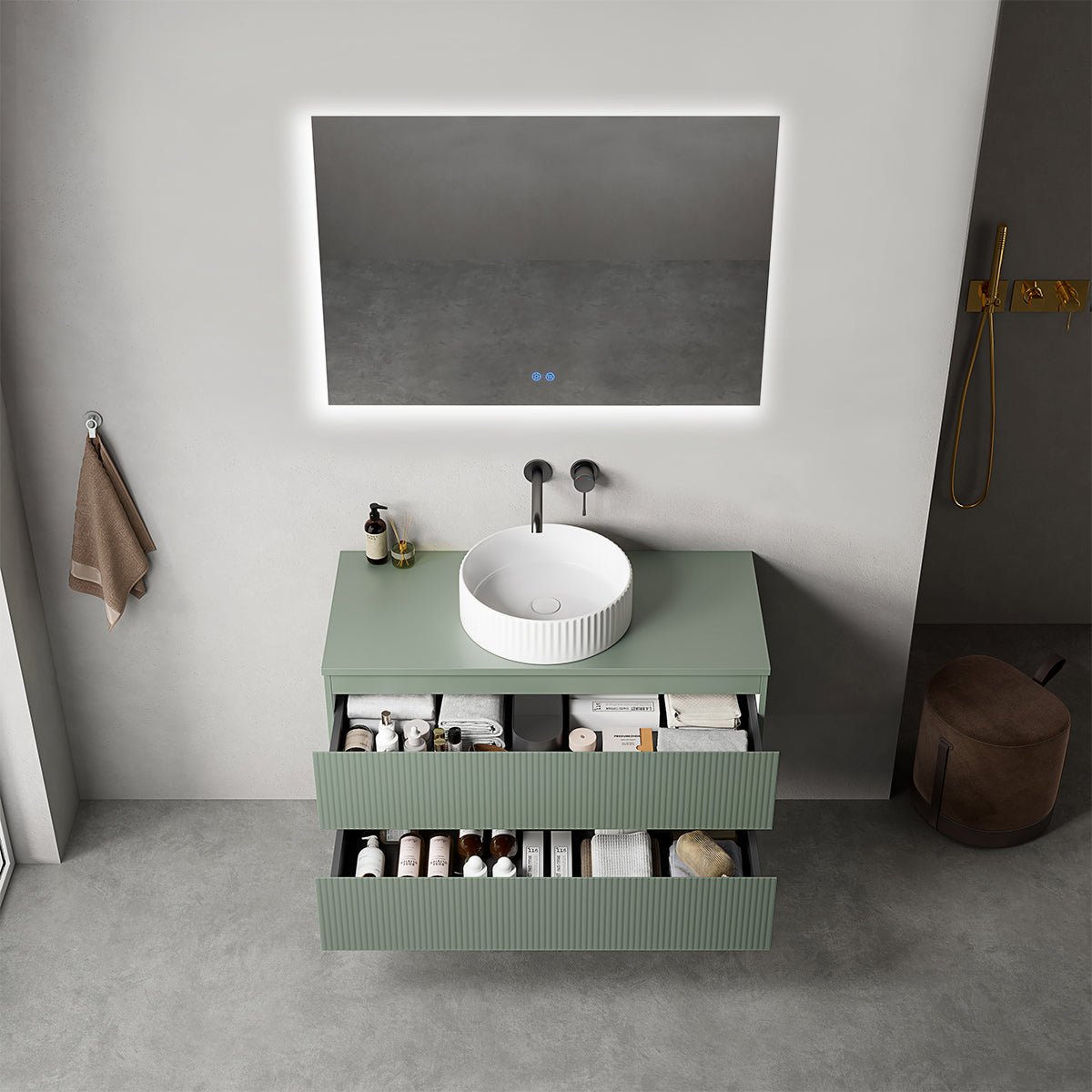 Mobile bagno sospeso cannettato 100 cm Verde Salvia per Lavabo d'appoggio Specchio Quadro Retroilluminato - Fiji Paint Top Canneté