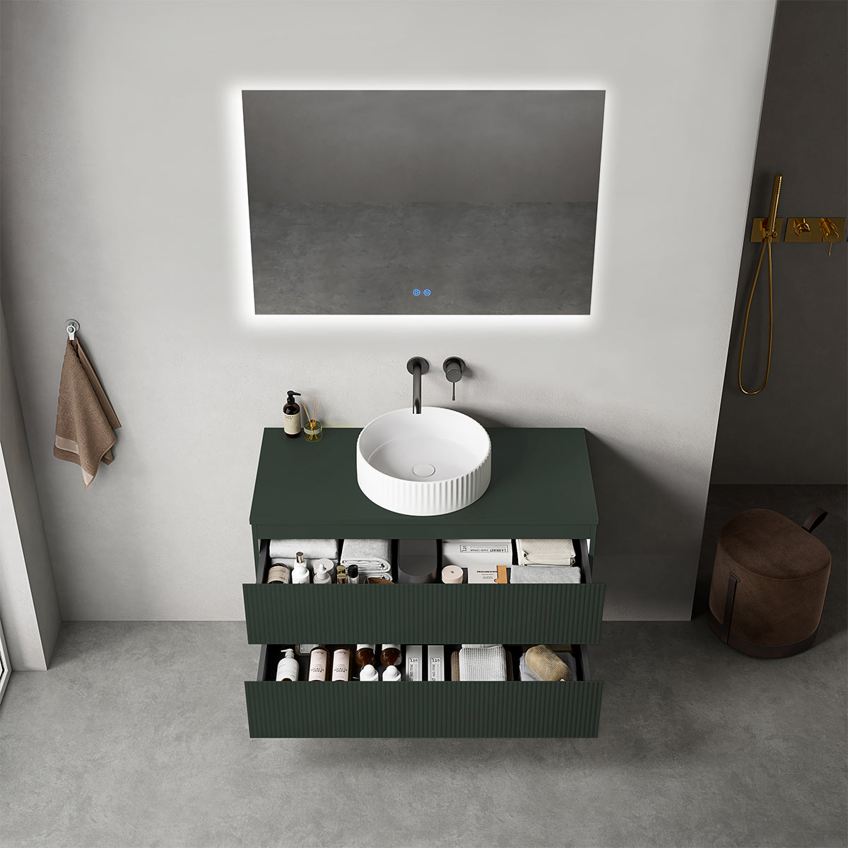 Mobile bagno sospeso cannettato 100 cm Verde Comodoro per Lavabo d'appoggio Specchio Quadro Retroilluminato - Fiji Paint Top Canneté