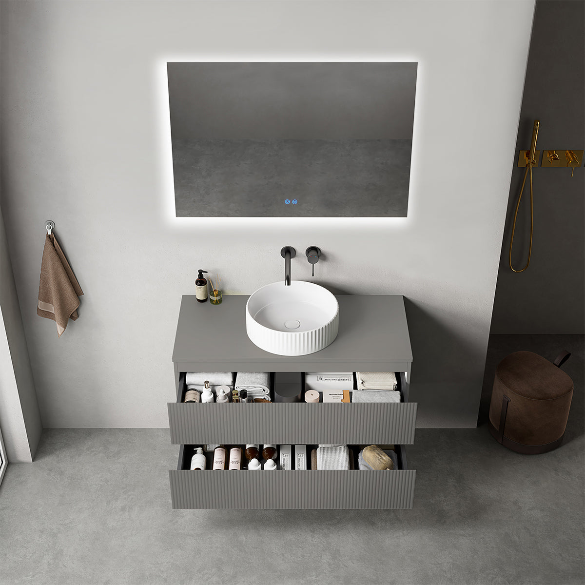 Mobile bagno sospeso cannettato 100 cm Grigio Londra per Lavabo d'appoggio Specchio Quadro Retroilluminato - Fiji Paint Top Canneté
